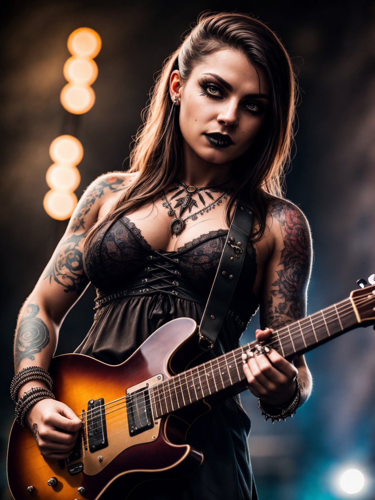 (Highest Quality, 4k, masterpiece, Amazing Details:1.1), standing, post apocalypitic  background at dawn, wearing wear out gothic clothes  ,medium breast, Shallow Depth of Field, E671, lens 50mm f/2.0, ((gothic woman)), pircings, tatoos, (realistic skin, detailed skin texture:1.2),studded bracelet, ((photorealistic) (RAW Photo)), (playing guitar), angry, evil smile, high quality photography, 3 point lighting, flash with softbox, 4k, Canon EOS R3, hdr, smooth, sharp focus, high resolution, award winning photo, 80mm, f2.8, bokeh