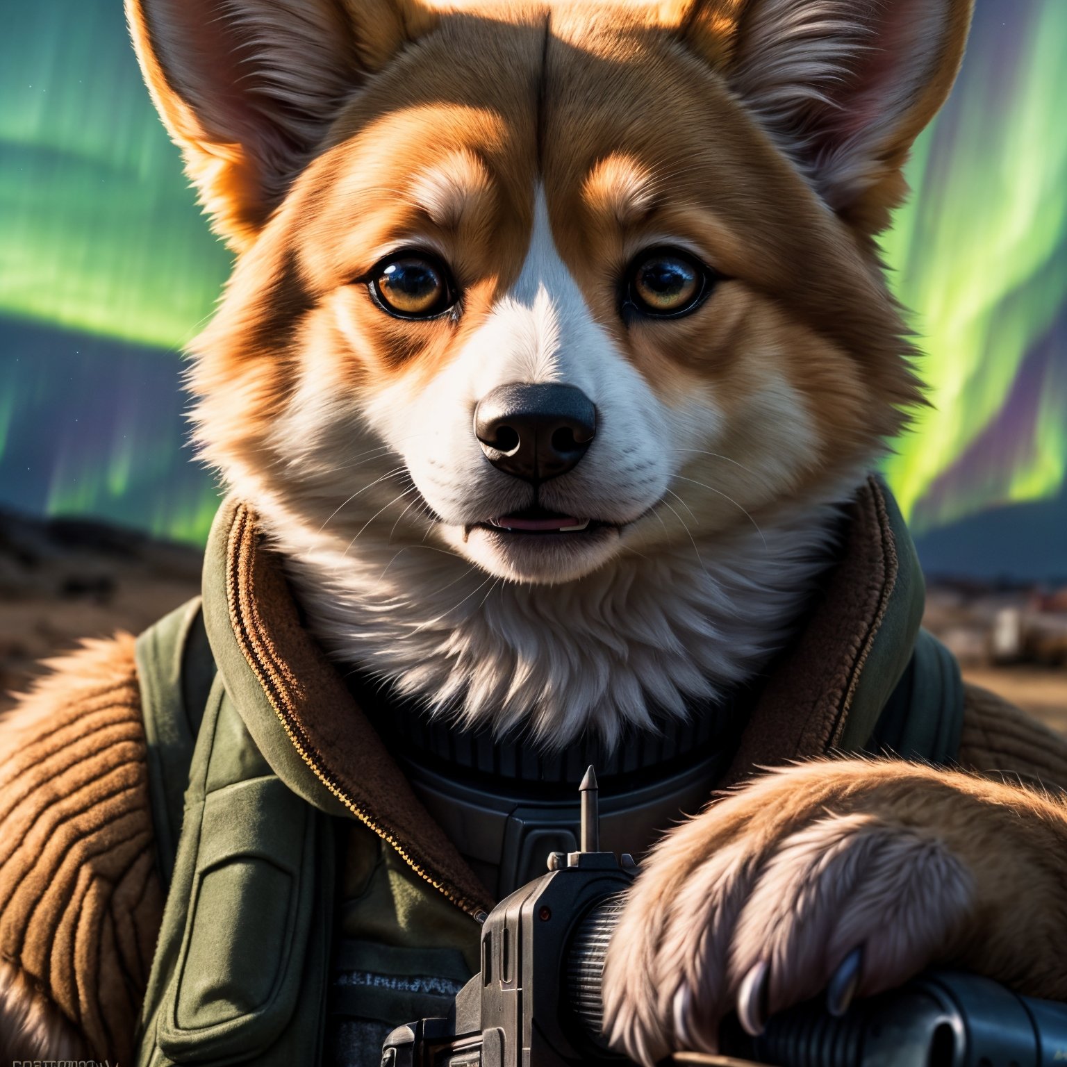 (Highest Quality, 4k, masterpiece:1.1), (realism, photorealistic:1.4), ray traced, hyper realism, soft lighting, detailed background, film grain, (detailed fur texture:1.3),BREAK(anthro female corgi), ((wearing post apocalyptic outfit:1.2)), inside a destroyed city after nuclear blast, sitting on a ammonition chest,looking down from a hill, holding a gun, looking angry, visible fangs (perfect anatomy),((paws)), (aurora borealis), (close up:1.3), high quality photography, 3 point lighting, flash with softbox, 4k, Canon EOS R3, hdr, smooth, sharp focus, high resolution, award winning photo, 80mm, f2.8, bokeh