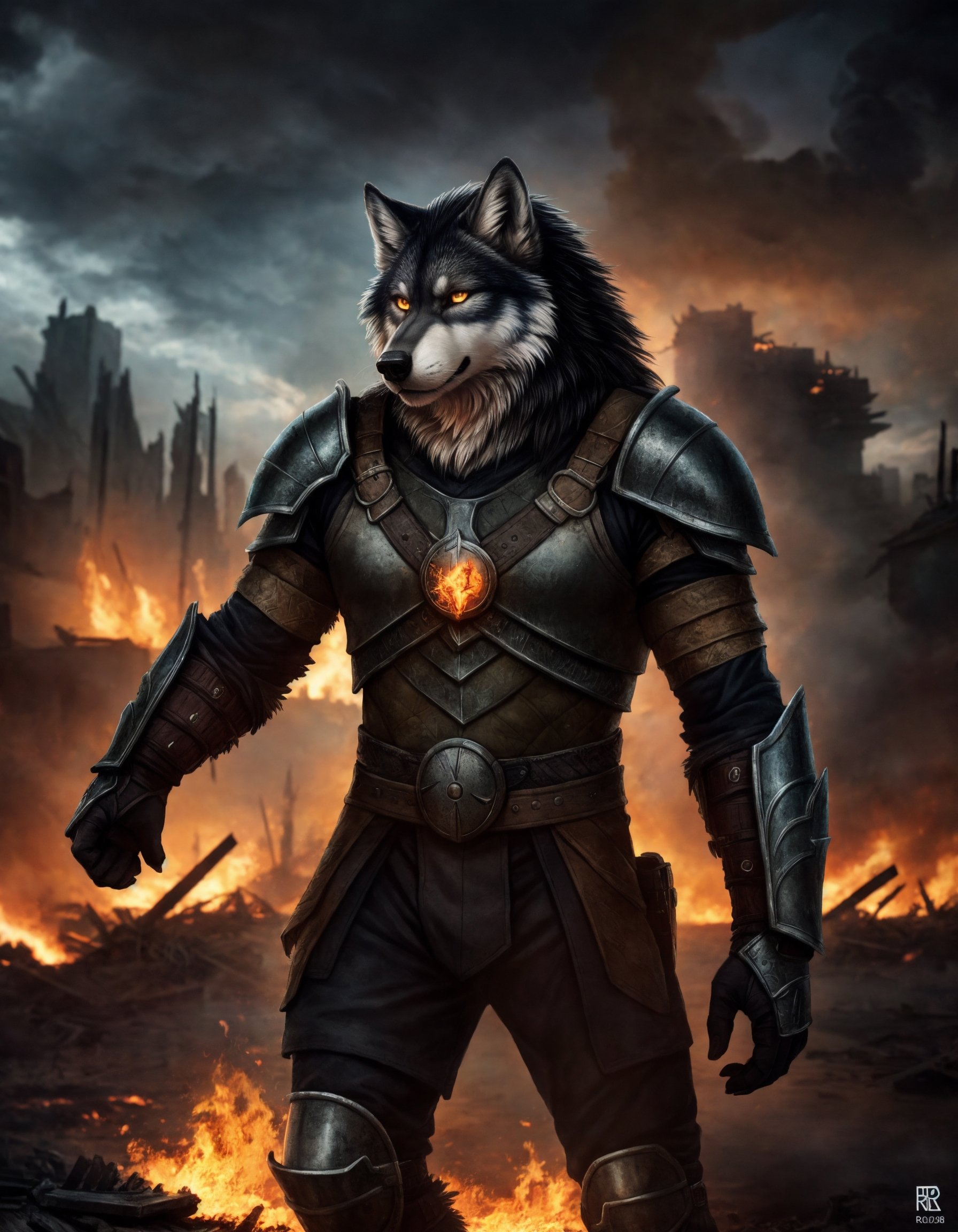 ((detailed fenris wolf )), wearing runes armor, ragnarök, destroyed city after nuclear blast flodded with ((black water:1.2)), post apocalyptic, warzone, fire , smoke, high quality photography, 3 point lighting, flash with softbox, 4k, Canon EOS R3, hdr, smooth, sharp focus, high resolution, award winning photo, 80mm, f2.8, bokeh