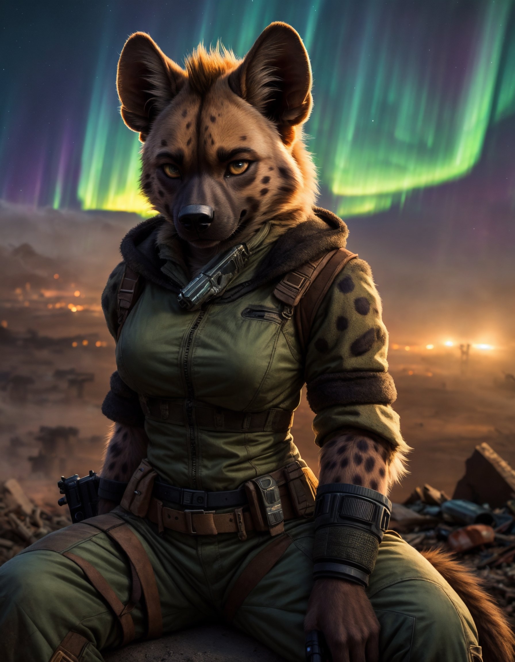 (Highest Quality, 4k, masterpiece:1.1), (realism, photorealistic:1.4), ray traced, hyper realism, soft lighting, detailed background, film grainBREAK(beutiful anthro hyena), ((wearing post apocalyptic outfit:1.2)), medium breast inside a destroyed city after nuclear blast, sitting on a ammonition chest,looking down from a hill, holding a gun, looking angry, (perfect anatomy), (aurora borealis), (close up:1.3), high quality photography, 3 point lighting, flash with softbox, 4k, Canon EOS R3, hdr, smooth, sharp focus, high resolution, award winning photo, 80mm, f2.8, bokeh