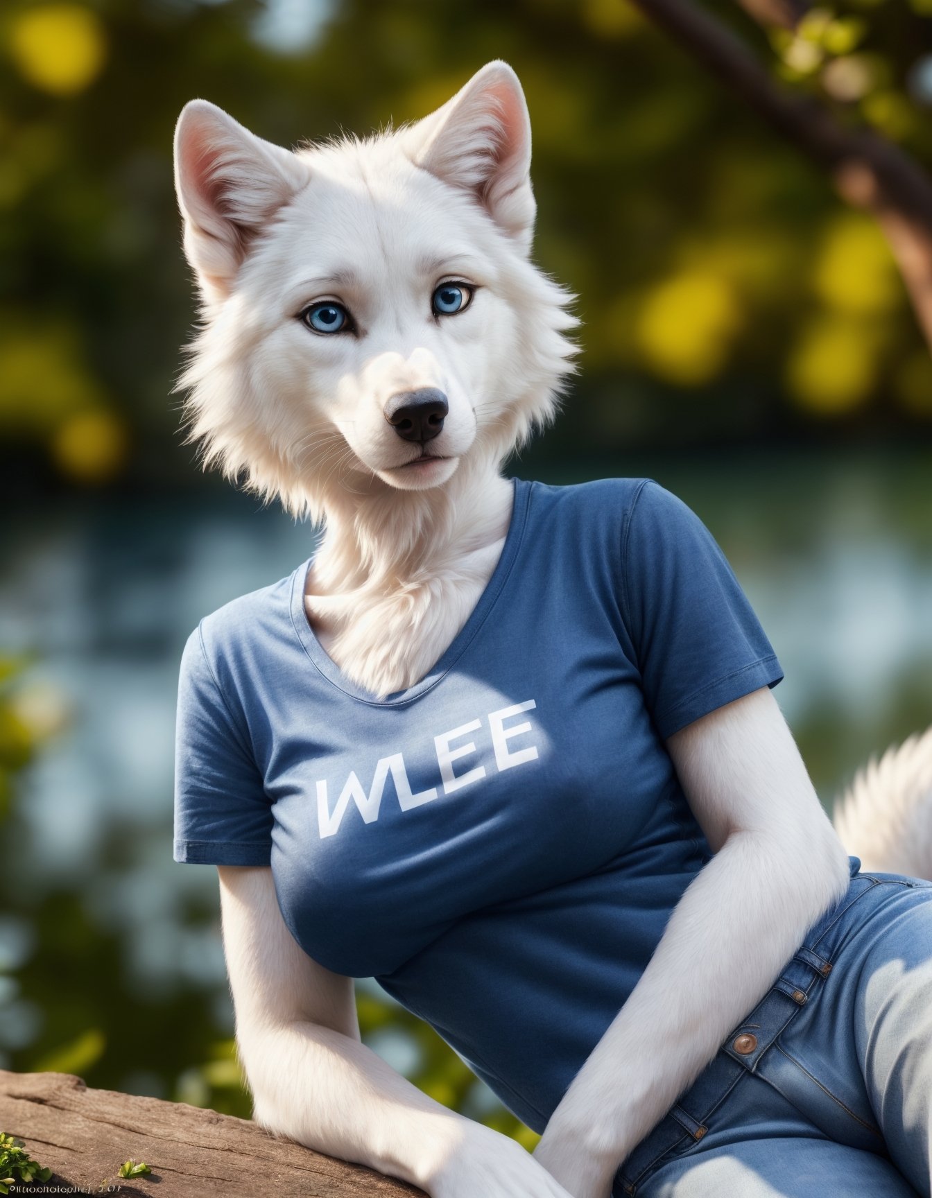 (Highest Quality, 4k, masterpiece, Amazing Details:1.1), laying near a lake,medium breast. deep blue eyes, (((wearing a t-shirt and jeans)), (full body:1.3) Shallow Depth of Field, E671, lens 50mm f/2.0, (( anthro white wolf female)), thin eyebrows, wavy short hair with flower hair ornament, (realistic white fur, detailed fur texture:1.2), ((photorealistic) (RAW Photo)), high quality photography, 3 point lighting, flash with softbox, 4k, Canon EOS R3, hdr, smooth, sharp focus, high resolution, award winning photo, 80mm, f2.8, bokeh