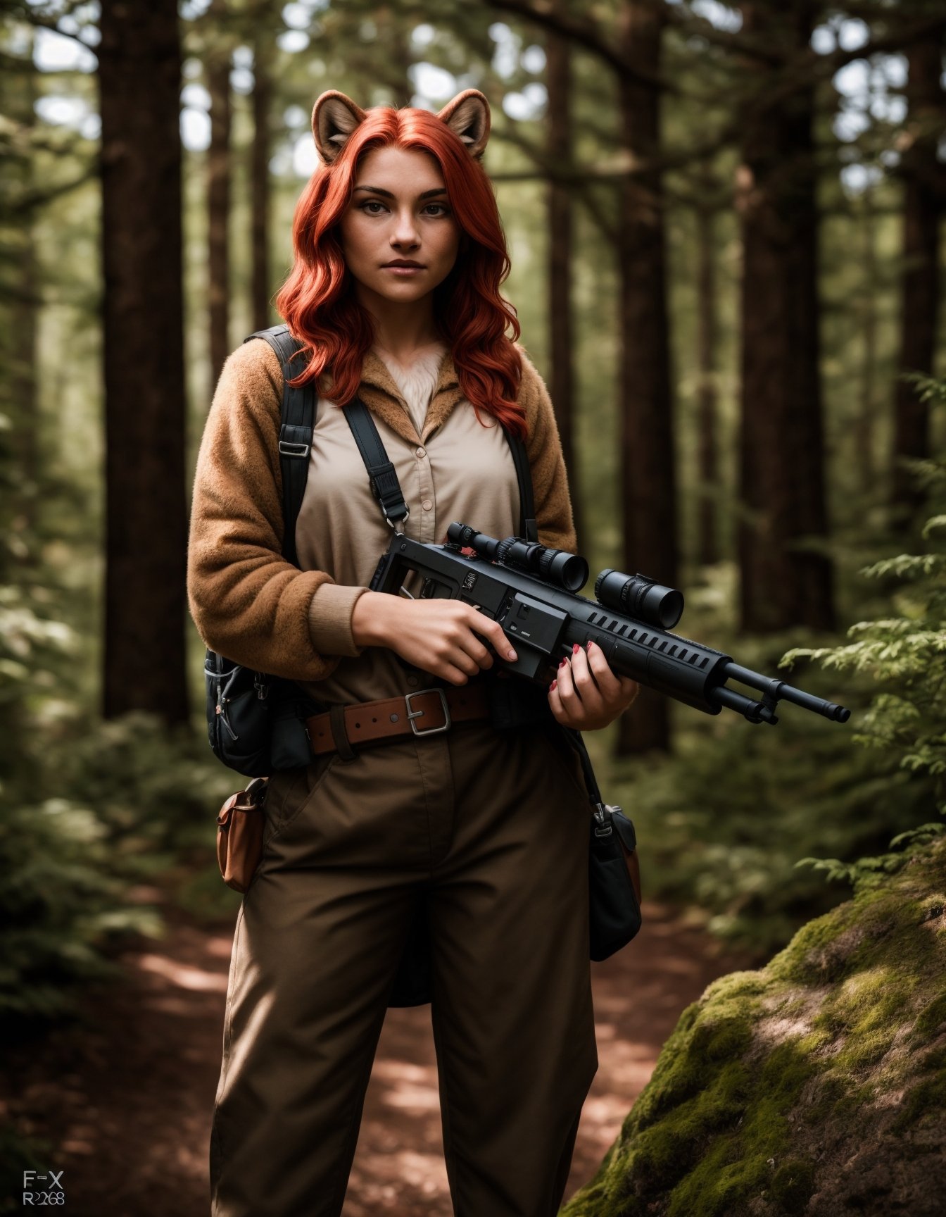 RAW photo, a portrait photo of red haired woman, traveler clothes, standing in the forest,holding a gun, ((natural fur, detailed fur, realistic fur)), ((paws)), 8k uhd, high quality, film grain, Fujifilm XT3, high quality photography, 3 point lighting, flash with softbox, 4k, Canon EOS R3, hdr, smooth, sharp focus, high resolution, award winning photo, 80mm, f2.8, bokeh