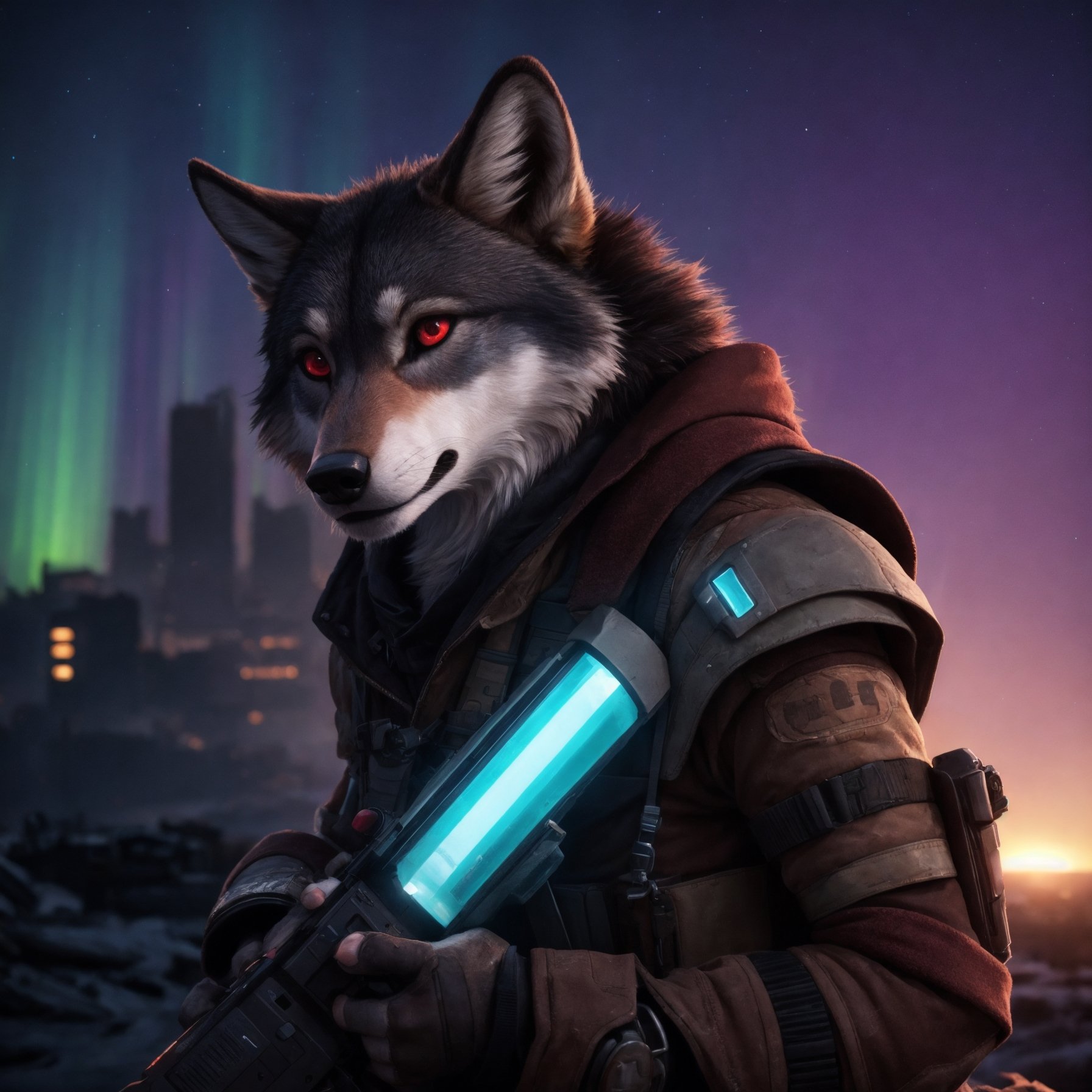 ((anthro female wolf)), wearing (glowing postapocalyptic outfit), holding a mystical gun,(epic post apocalyptic destroyes city overgrown ruins), detailed background, red eyes, close-up, amazing fine detail, RAW photo, Nikon D850 film stock photograph Kodak Portra 400 camera f1.6 lens, rich colors, lifelike texture, dramatic lighting, unreal engine, trending on ArtStation, cinestill 800 tungsten, ((new dawn on horizon)) (aurora borealis)), mystic smog, ((closeup)), high quality photography, 3 point lighting, flash with softbox, 4k, Canon EOS R3, hdr, smooth, sharp focus, high resolution, award winning photo, 80mm, f2.8, bokeh