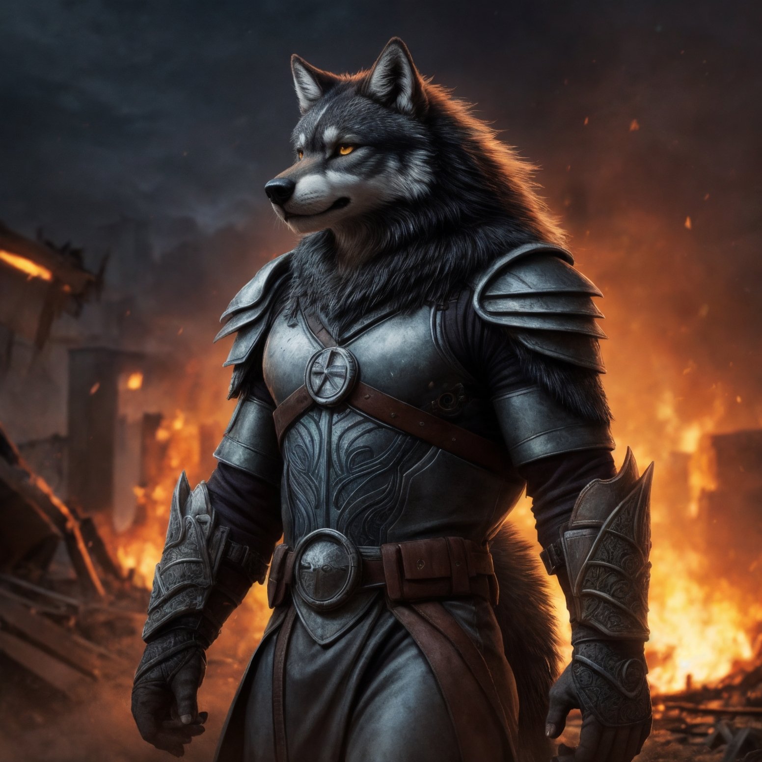 ((detailed fenris wolf )), wearing runes armor, ragnarök, destroyed city after nuclear blast flodded with ((black water:1.2)), post apocalyptic, warzone, fire , smokeBREAK(masterpiece, best quality, ultra realistic, 4k, 2k, (intricate, high detail:1.2), film photography, soft focus,RAW photo, photorealistic, analog style, subsurface scattering, photorealism, absurd res), high quality photography, 3 point lighting, flash with softbox, 4k, Canon EOS R3, hdr, smooth, sharp focus, high resolution, award winning photo, 80mm, f2.8, bokeh