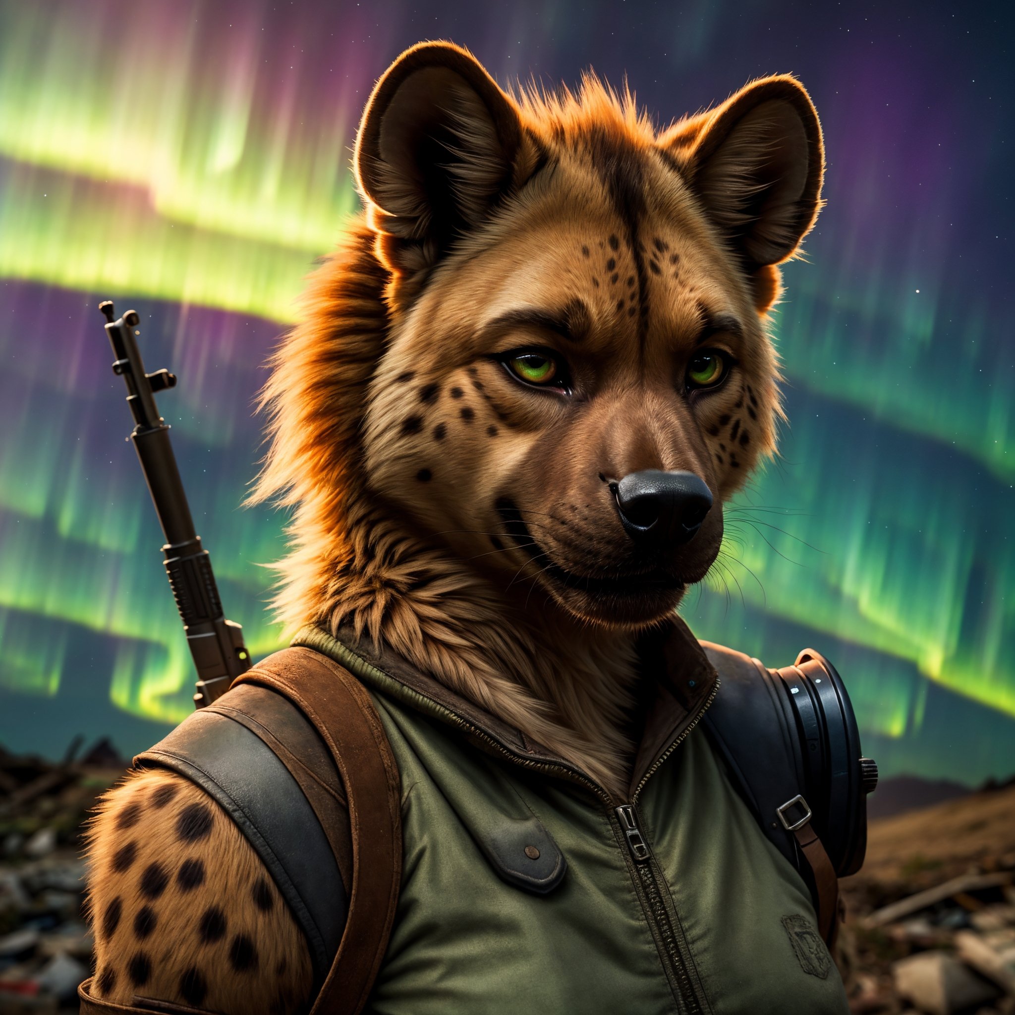 (Highest Quality, 4k, masterpiece:1.1), (realism, photorealistic:1.4), ray traced, hyper realism, soft lighting, detailed background, film grainBREAK(beutiful anthro hyena), ((wearing post apocalyptic outfit:1.2)), medium breast inside a destroyed city after nuclear blast, sitting on a ammonition chest,looking down from a hill, holding a gun, looking angry, (perfect anatomy), (aurora borealis), (close up:1.3), high quality photography, 3 point lighting, flash with softbox, 4k, Canon EOS R3, hdr, smooth, sharp focus, high resolution, award winning photo, 80mm, f2.8, bokeh