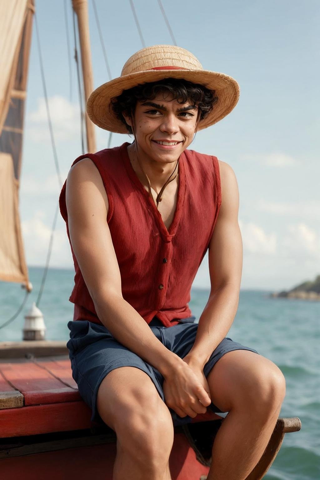 <lora:mdluffy:1.0>MDLuffy, a man wearing a straw hat and a red shirt, medieval ship, blurry background, realistic, grin, smile, (masterpiece:1.2), sitting