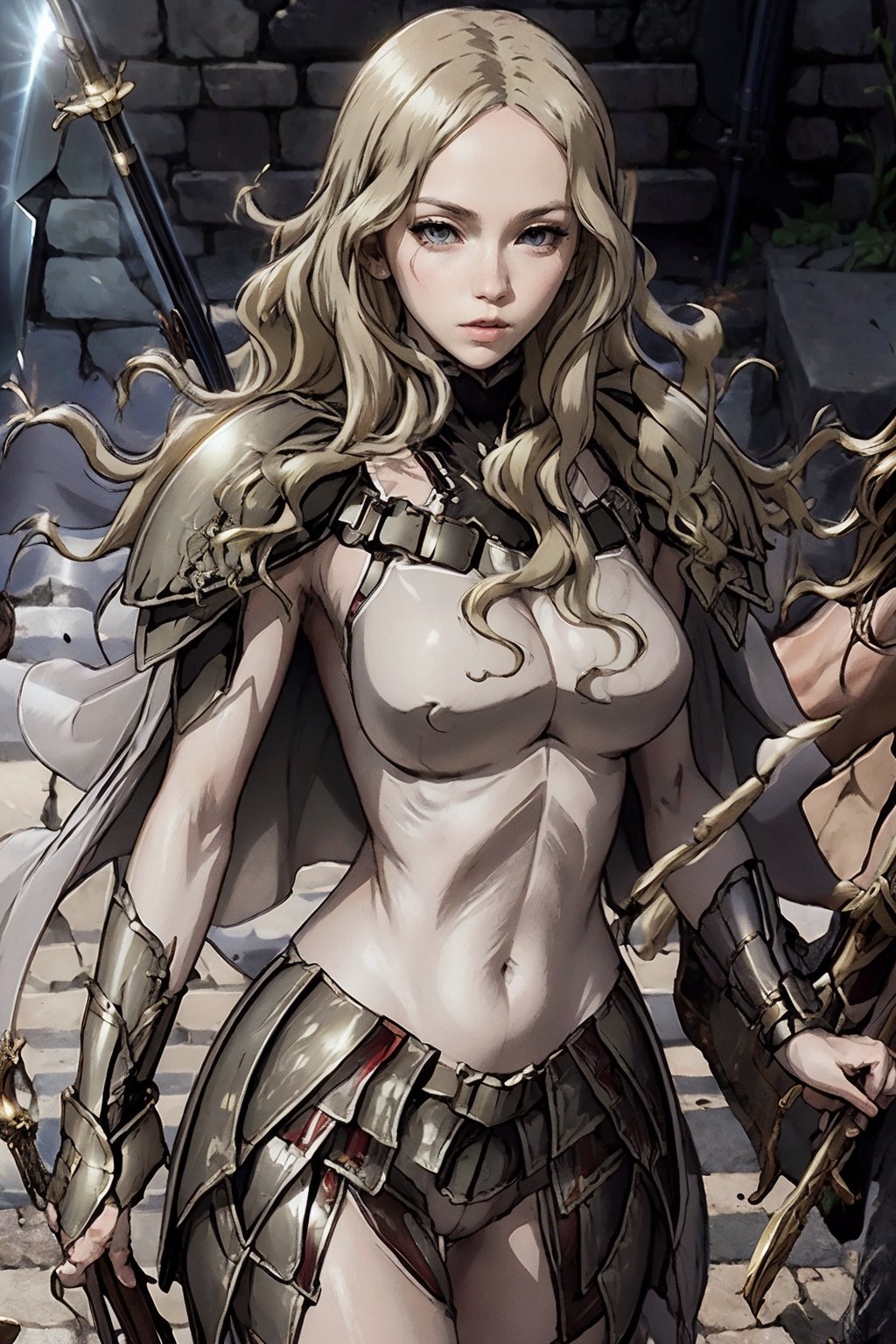 (grey eyes:1.2),armor,cape,shoulder armor,bodysuit,,dajianTeresa,wavy hair,pale skin,(weapon:1),looking at view,large breasts,contemptuous expression,best quality