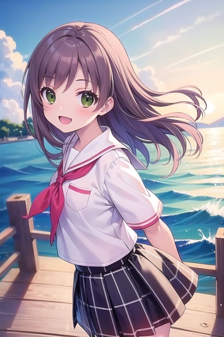 (masterpiece,Best  Quality, High Quality, Best Picture Quality Score: 1.3), (Sharp Picture Quality), Perfect Beauty: 1.5, ,brown hair, (Japanese School Uniform), One, (Cute School Uniform), Red Hairpiece, Beautiful Girl, Cute, Mini Skirt, Great Smile, Very Beautiful View, Fluttering Skirt, the sea, (Most fantastic view),A girl standing on a dock,pier、18years old,