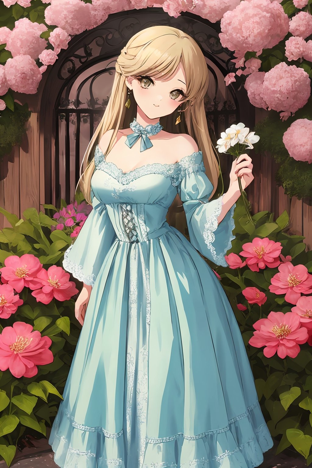 (best quality:1.2), (hyper detailed),

 Style:

This character embodies a charming blend of retro and contemporary styles, creating a unique and visually appealing look.
Background:

The character stands in a whimsical and enchanting garden filled with vibrant, pastel-colored flowers. The setting exudes a nostalgic, retro atmosphere, reminiscent of a bygone era.
Character:

The character is a lovable and cute figure, with a charming personality that radiates warmth and friendliness.
They are adorned in a retro-inspired outfit, featuring vintage patterns and pastel pink hues, adding a delightful touch to their appearance.
The character is designed with a playful and endearing expression that complements their overall loveliness.
Vintage Elements:

The character's attire incorporates classic retro fashion elements such as polka dots, floral prints, and a touch of vintage lace, giving them a unique and timeless look.
Accessories like a vintage-inspired hairpin or bow add a touch of nostalgia to their appearance.
Pose:

The character strikes an adorable and playful pose, perhaps with one hand on their hip and the other holding a retro-style parasol or bouquet of flowers.
Details:

Pay close attention to the character's intricate details, such as the delicate floral patterns on their clothing and the subtle, charming accessories that enhance their cuteness.
Effects:

Apply soft, vintage filters to the character's image to evoke a sense of nostalgia and timelessness. Consider using warm, slightly faded tones to create a retro ambiance.
Description:

In this enchanting scene, our lovely and cute character takes you on a journey back in time to a retro wonderland filled with blooming flowers. With their sweet demeanor and charming appearance, they invite you to embrace the beauty of both the past and the present.