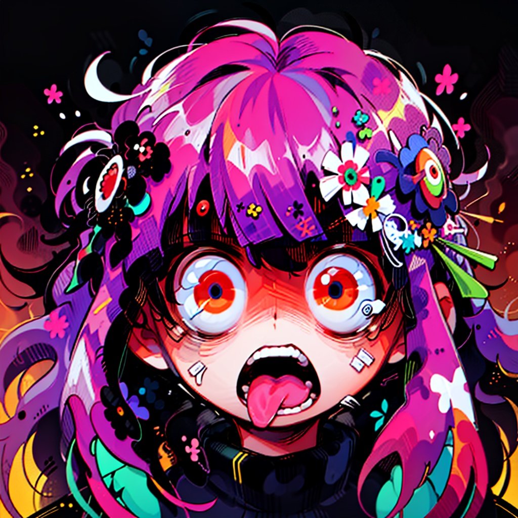 BJ_Violent_graffiti,1girl,solo,long_hair,looking_at_viewer,open_mouth,bangs,hair_ornament,red_eyes,pink_hair,flower,teeth,tongue,hair_flower,pink_eyes,portrait,wide-eyed,colorful,strong contrast,high level of detail,Best quality,masterpiece,<lora:Violent_graffiti>,