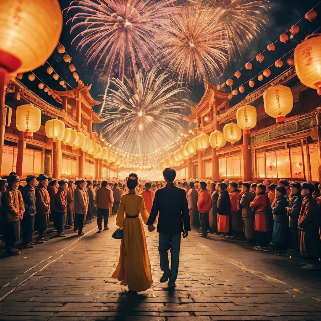 best quality,zhangdengjiecai, This is a photo that mimics the style of a famous photographer, depicting people celebrating a festival. The warm yellow tones create a cozy atmosphere throughout the image. The streets are adorned with colorful lanterns, illuminating the path for pedestrians. Brilliant fireworks decorate the night sky, adding splendor to the scene. The close-up shot enhances the grandeur of the lanterns and fireworks, while delicate lighting filters through the paper lantern shades, creating a dreamy effect.

In the center of the frame, a couple holds hands and walks with smiles. They are dressed in traditional ethnic costumes, leaning against each other. Their natural and elegant poses evoke a sense of joy and warmth. The composition emphasizes the expressions and emotions of the subjects, allowing viewers to deeply feel their happiness and bliss.

The use of depth of field divides the scene into layers, presenting them in a visually striking manner. Distant fireworks resemble sparkling stars, contrasting sharply with the foreground subjects. The outlines of the fireworks in the distance appear slightly blurred, creating a dreamlike sensation. Through this composition and technique, the photographer successfully conveys the joy and romanticism of the festive celebration