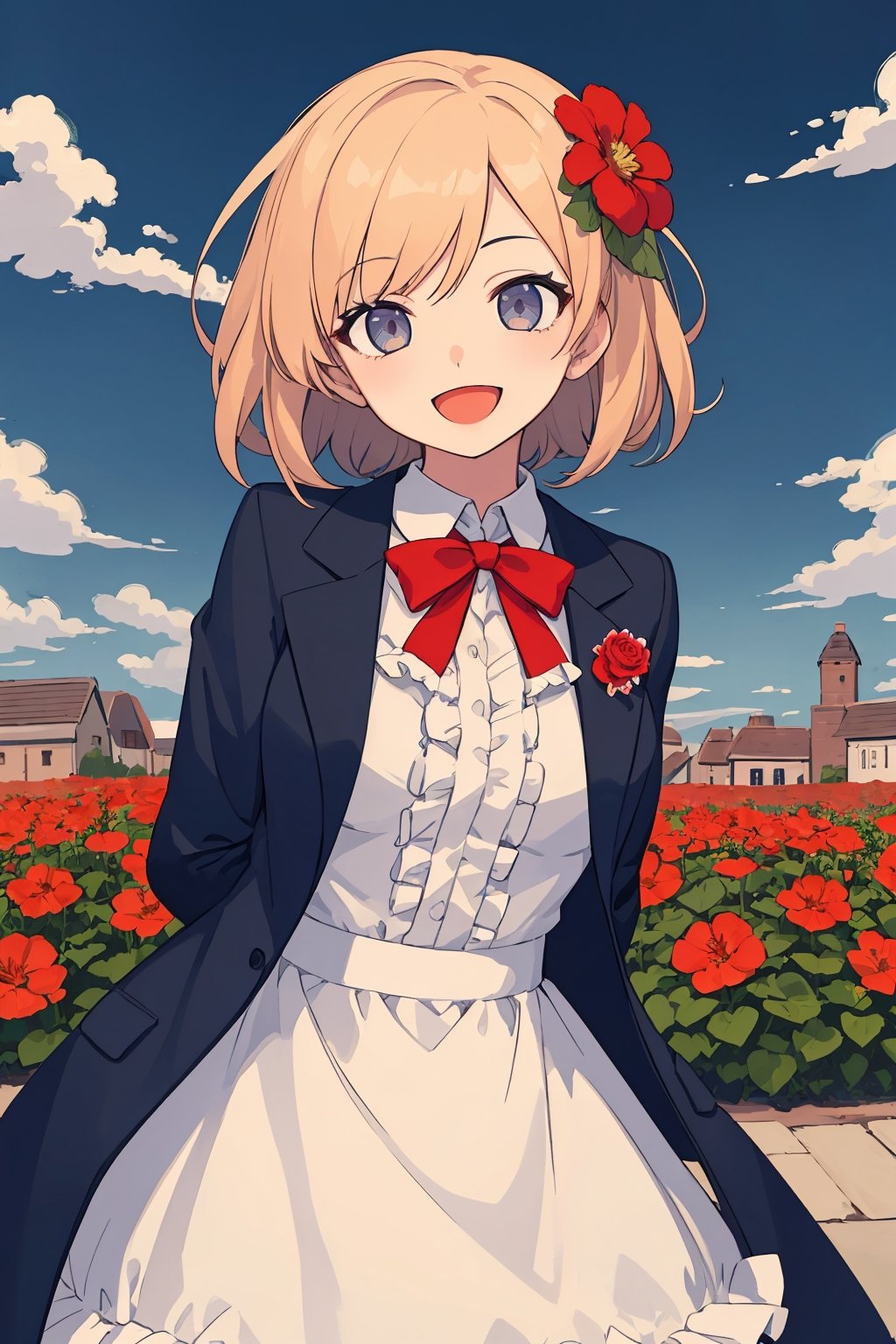 (best quality:1.2), (hyper detailed),

1girl, solo, smile, open mouth, looking at viewer, upper body, hair ornament, short coat, flower, hair flower, standing, frills, detached collar, red flower, open clothes, bow, arms behind back, outdoors, cloudy sky, town