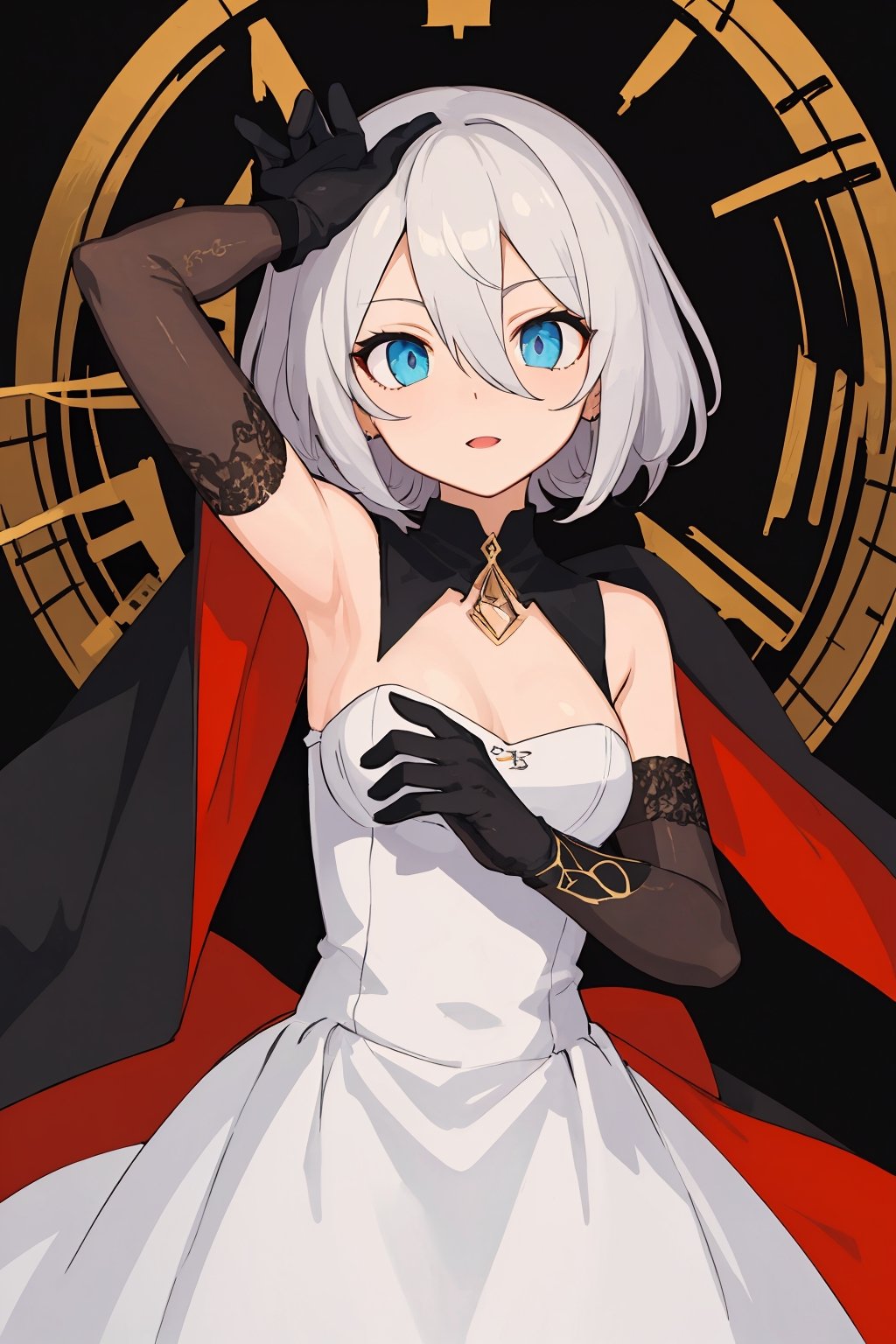 (best quality:1.2), (hyper detailed),

 gloves, black gloves, elbow gloves, hair between eyes, long dress