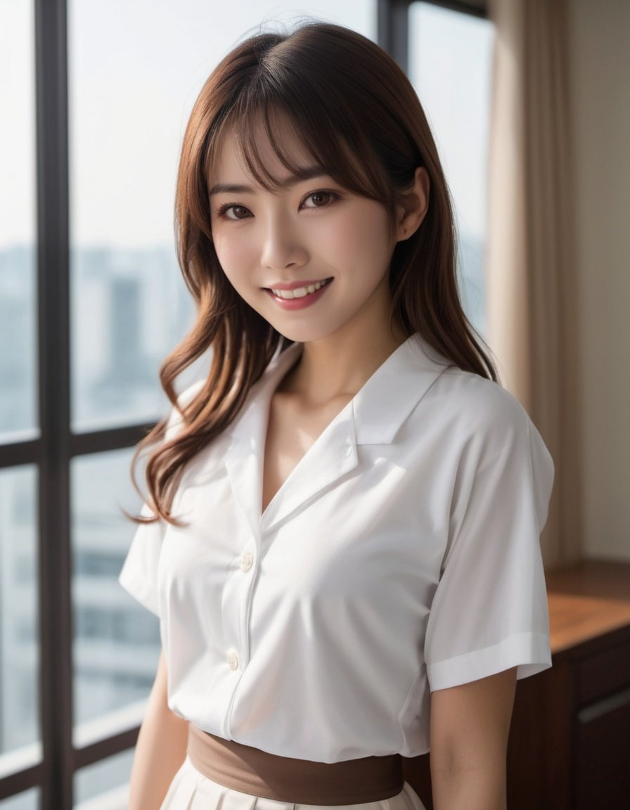 japanese woman in luxury apartment, cute, (high resolution detail of human skin texture:1.4,rough skin:1.2), (brown eyes), (smile:0.7),(portrait:1.8), (white shirt and  midi skirt), (indirect lighting), Window light, 