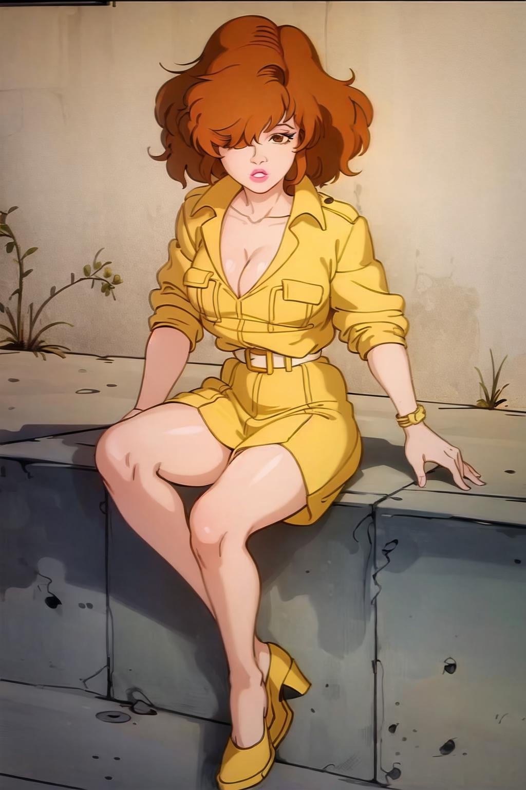 april o'neil, hair over one eye, 1980s \(style\), 1girl, full body, medium breasts, brown hair, cleavage, grey eyes, lips, lipstick, retro artstyle, short hair, solo, yellow shirt <lora:aprilv1B:0.6>