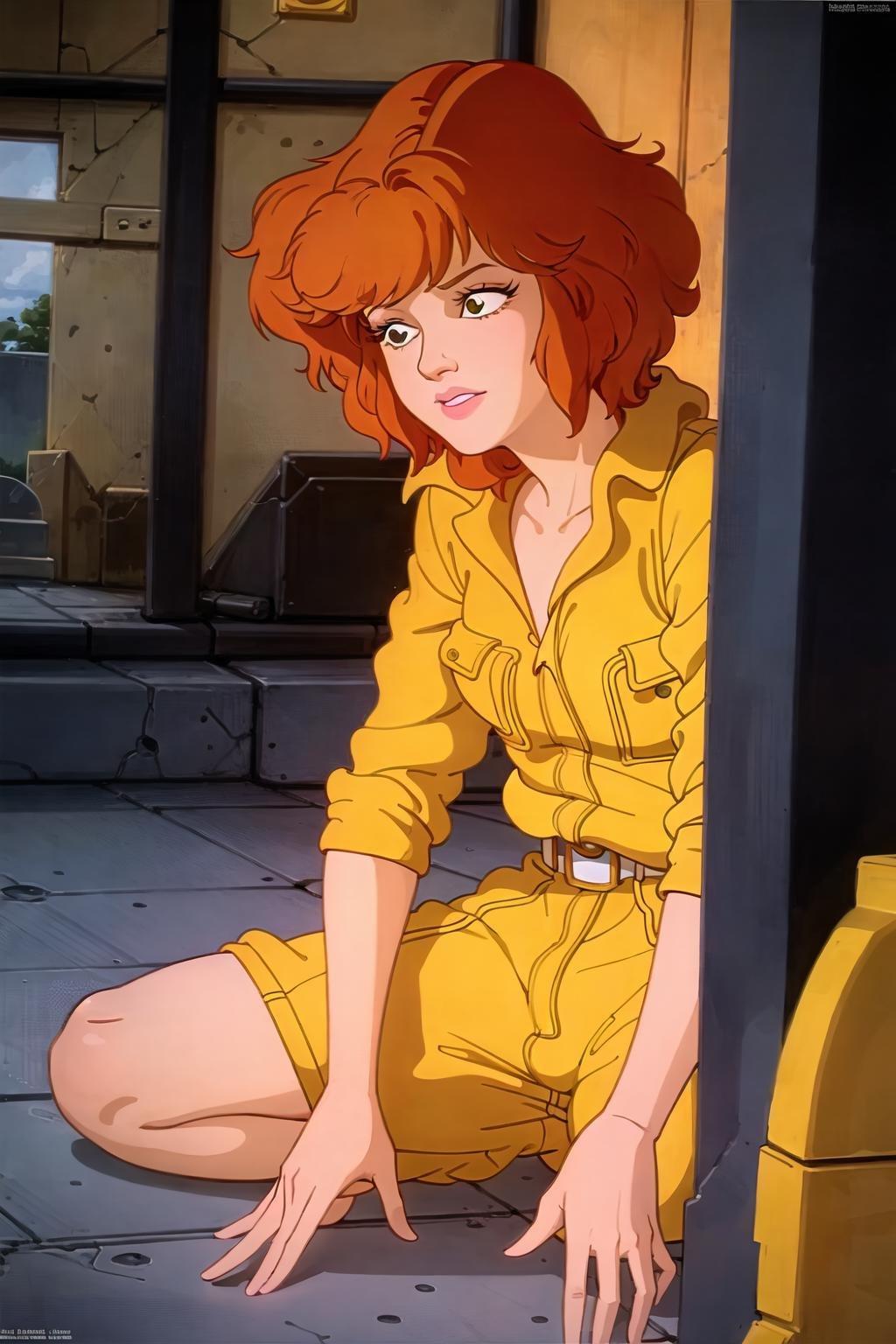 april o'neil, 1980s \(style\), 1girl, brown hair, indoors, jumpsuit, orange hair, retro artstyle, short hair, solo <lora:aprilv1B:0.6>