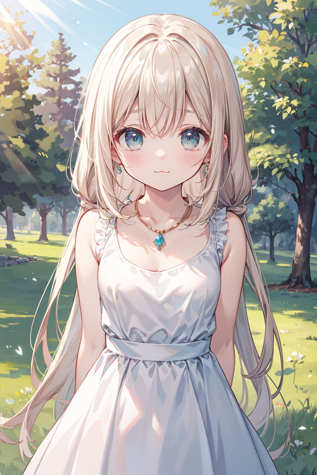 masterpiece,best quality,kawaii background, extremely detailed fine touch,extremely detailed CG unity 8k wallpaper, highres, wallpaper, ray tracing, (sunlight:1.2),solo, female child, solo, luminous eyes, perfect female body, gem necklace, bangs, :3, arm behind back,tube dress, Very long hair, Bronze hair,upper body, breasts focus, perspective,outdoors, pine tree, lily \(flower\), clover, lawn, park,<lora:add_detail:0.6>