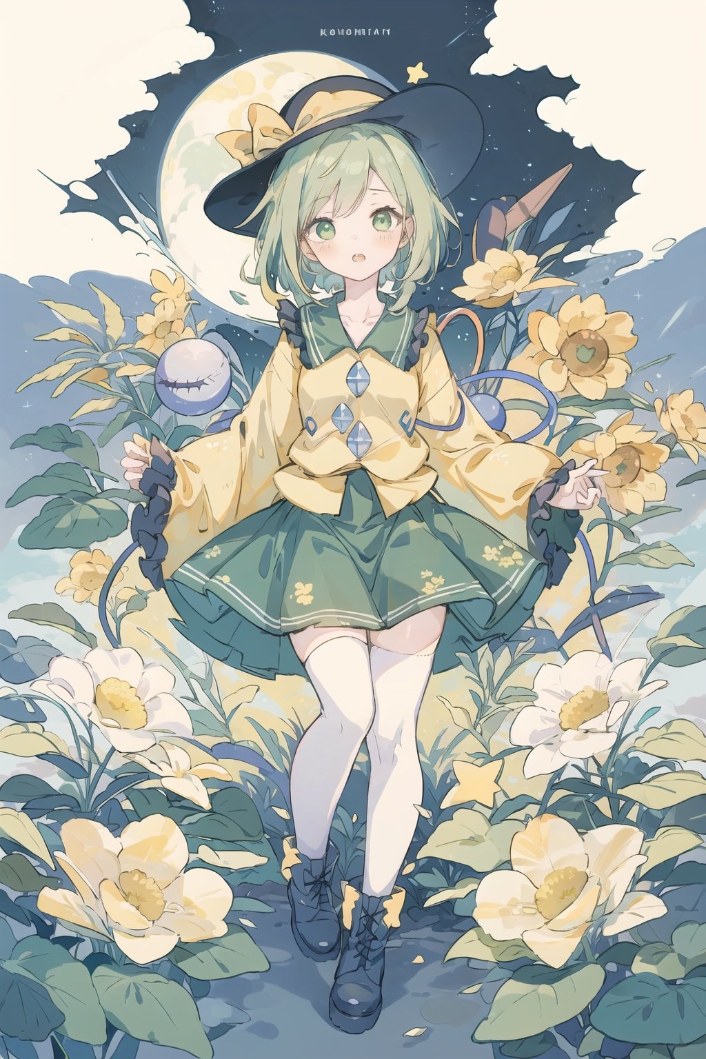 masterpiece,(illustration:1.2),(Cinematic Lighting),star,moon,bubble,fantastic,plant,best quality,
1girl,solo,hat,komeiji koishi,skirt,heart,shirt,thighhighs,green skirt,long sleeves,ribbon,looking at viewer,wide sleeves,third eye,frills,yellow shirt,hat ribbon,star (symbol),flower,green hair,black headwear,full body,short hair,blue eyes,blush,frilled sleeves,frilled shirt collar,gradient,green eyes,collarbone,frilled skirt,hat bow,yellow ribbon,bow,eyeball,floral print,yellow bow,blouse,parted lips,heart of string,bangs,open mouth,boots,