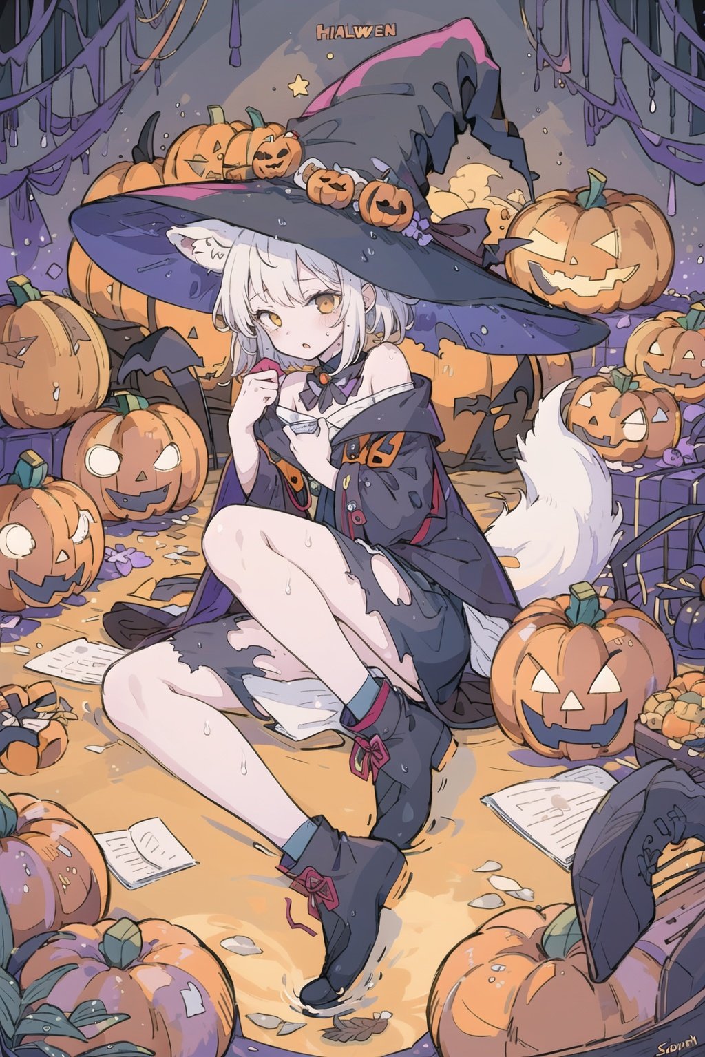 loli,(soles),(full body),1girl,fox girl,fox ears,fox tail,masterpiece,best quality,ultra-detailed,extremely detaailed 8k wallpaper,,(white cloth,torn clothes,wet clothes）,dramatic angle,cinematic lighting, bandage,Pumpkin, witch, Halloween