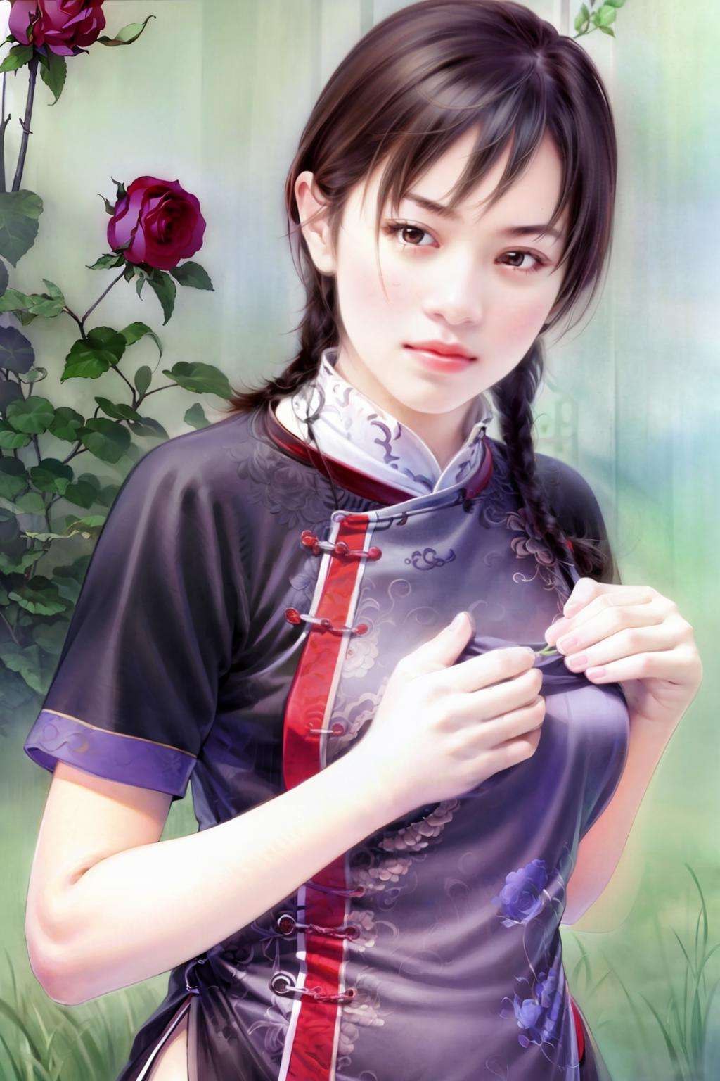 masterpiece, best quality, <lora:style16:1>,1girl, solo, braid, twin braids, flower, chinese clothes, long hair, black hair, rose, lips, brown eyes, peony (flower), dress, hair over shoulder, upper body, traditional media, brown hair, short sleeves, red flower, leaf, painting (medium), twintails, realistic, plant, red rose