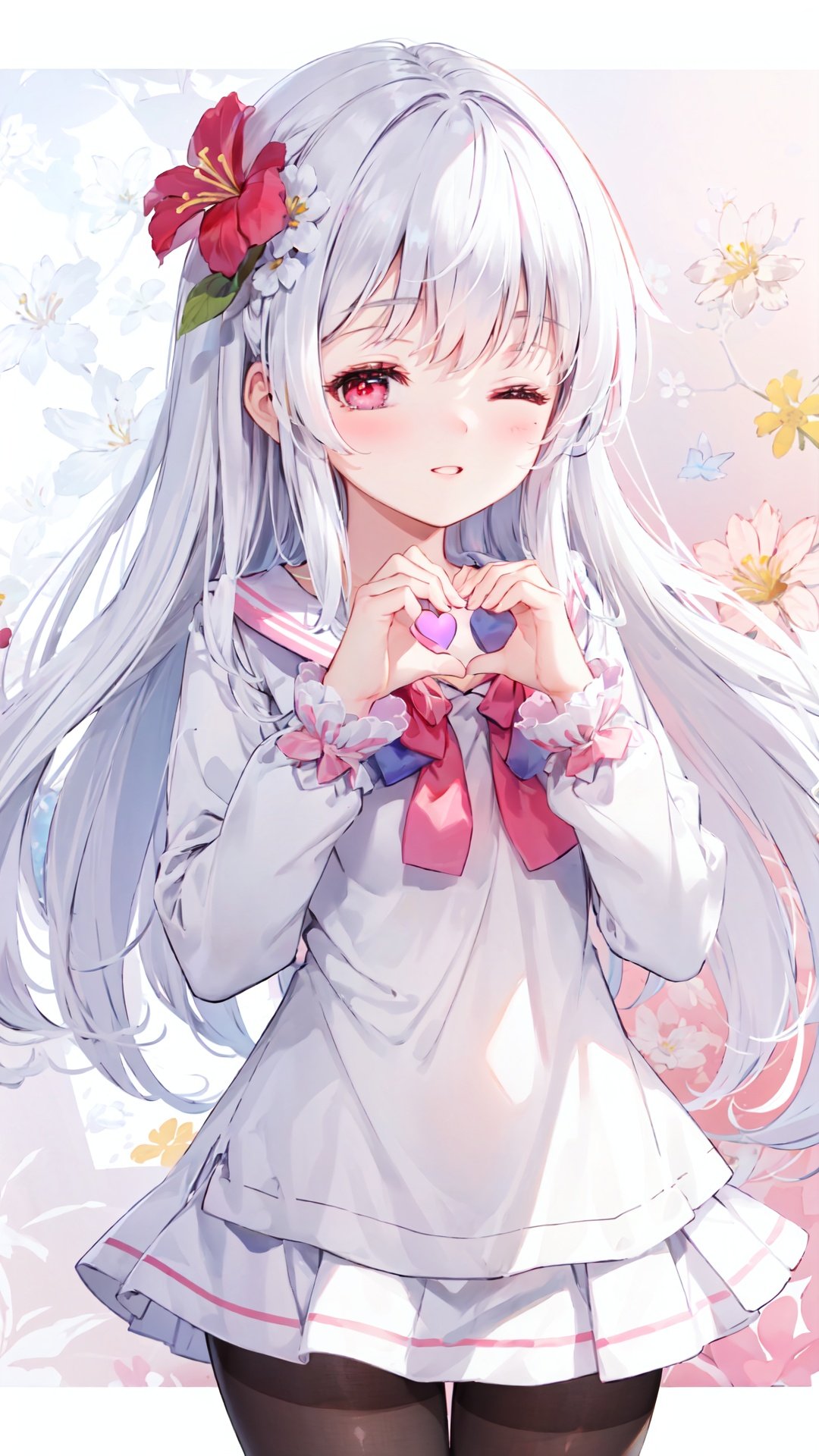 1girl, long hair, solo, red eyes, serafuku, hair_flower, white hair, long sleeves, pleated, clear eyes, black pantyhose, look at viewer, depth of field, (+floral background+), happy, parted lips, white clothes, (heart hands), between thighs, one eye closed,