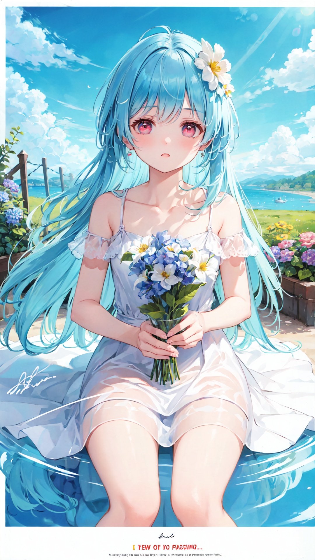 best quality, masterpiece, illustration,(reflection light),incredibly absurdres,(Movie Poster),(signature:1.3),(English text:1.3), 
1girl, girl middle of flower,pure skyblue hair, red eyes,clear sky, outside,collarbone, 
sitting, absurdly long hair, clear boundaries of the cloth, white dress, fantastic scenery, 
ground of flowers, thousand of flowers, colorful flowers, flowers around her, various flowers