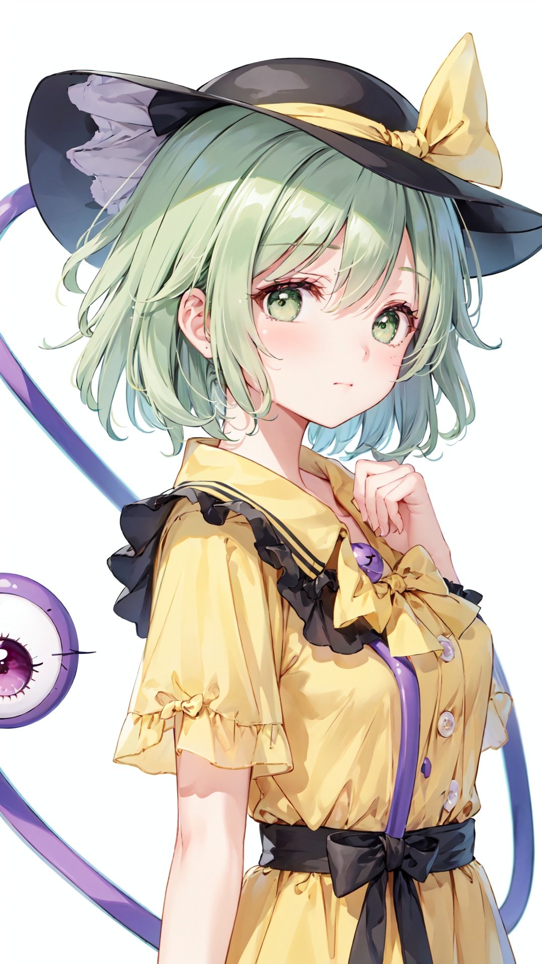 1girl, solo, komeiji koishi, hat, white background, simple background, shirt, upper body, third eye, looking at viewer, black headwear, yellow shirt, hair between eyes, bow, hat bow, green eyes, frills, closed mouth, yellow bow, from side, medium hair, diamond button, grey hair
,