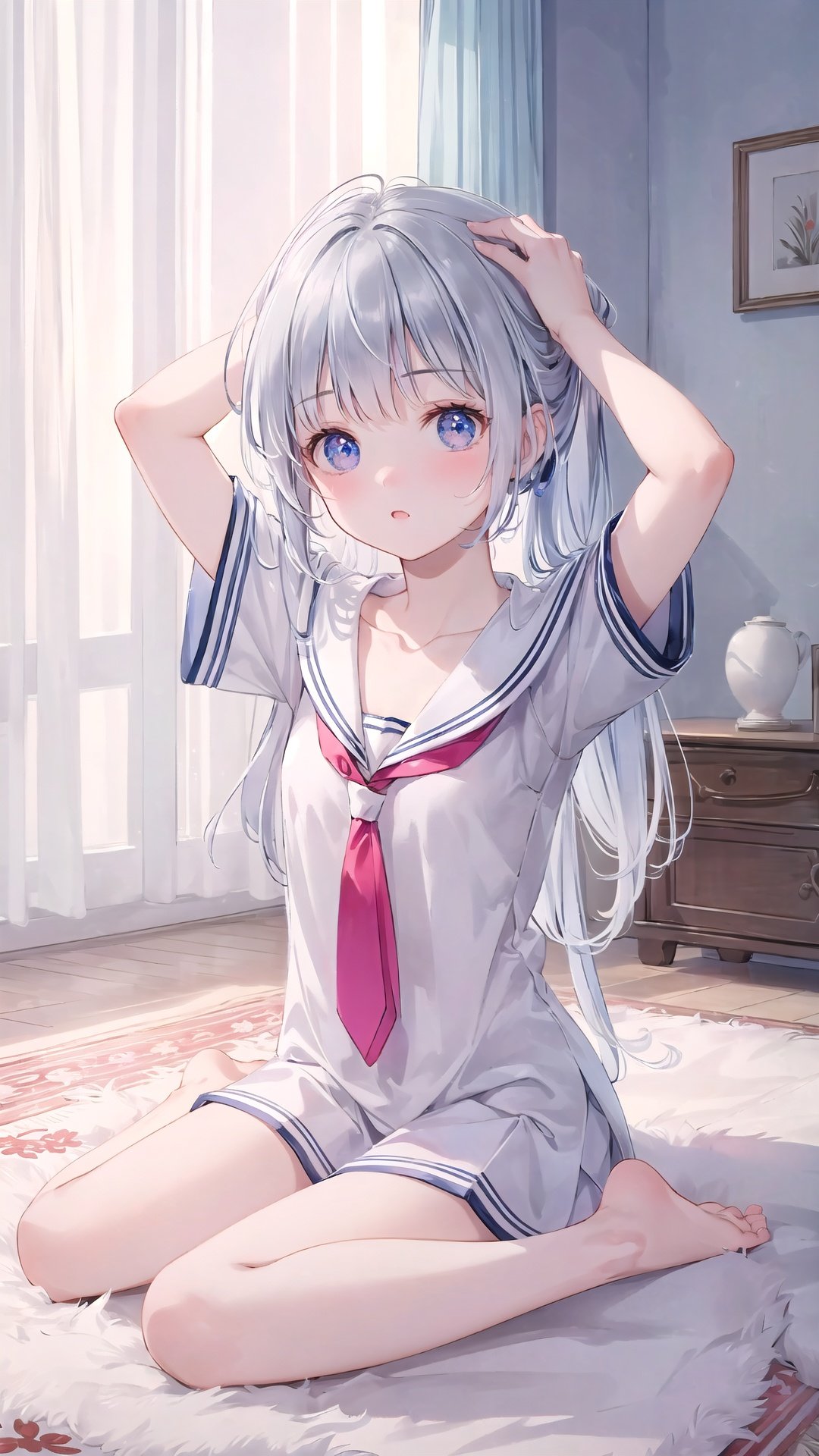 finely detail,Depth of field,(((masterpiece))),((extremely detailed CG unity 8k wallpaper)),best quality,high resolution illustration,Amazing,intricate detail,(best illumination, best shadow, an extremely delicate and beautiful),dramatic angle,
hdr,1girl,young,long_hair,silver_hair,serafuku,white_shirt,arms_up,small_breasts,short_sleeves,solo,hands in hair,Sitting on the carpet,necktie,bare legs,barefoot,clavicle,
noon,Modernist style architecture,window,White curtains,bedroom,white carpet,ipad,sole