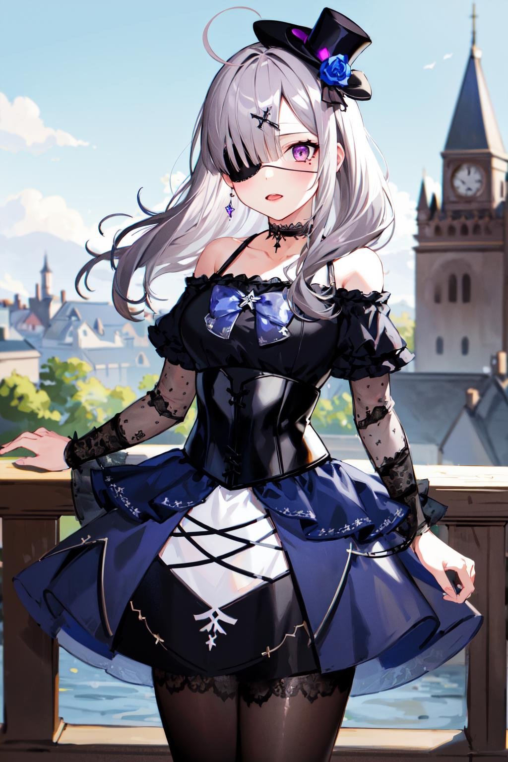 masterpiece, best quality, highres, sk3, eyepatch, purple eyes, gothic, mini hat, black dress, striped pantyhose, choker, off-shoulder dress, corset, blue bow, jewelry, <lora:sukoya_kana_v10:0.7>, cowboy shot, standing, outdoors