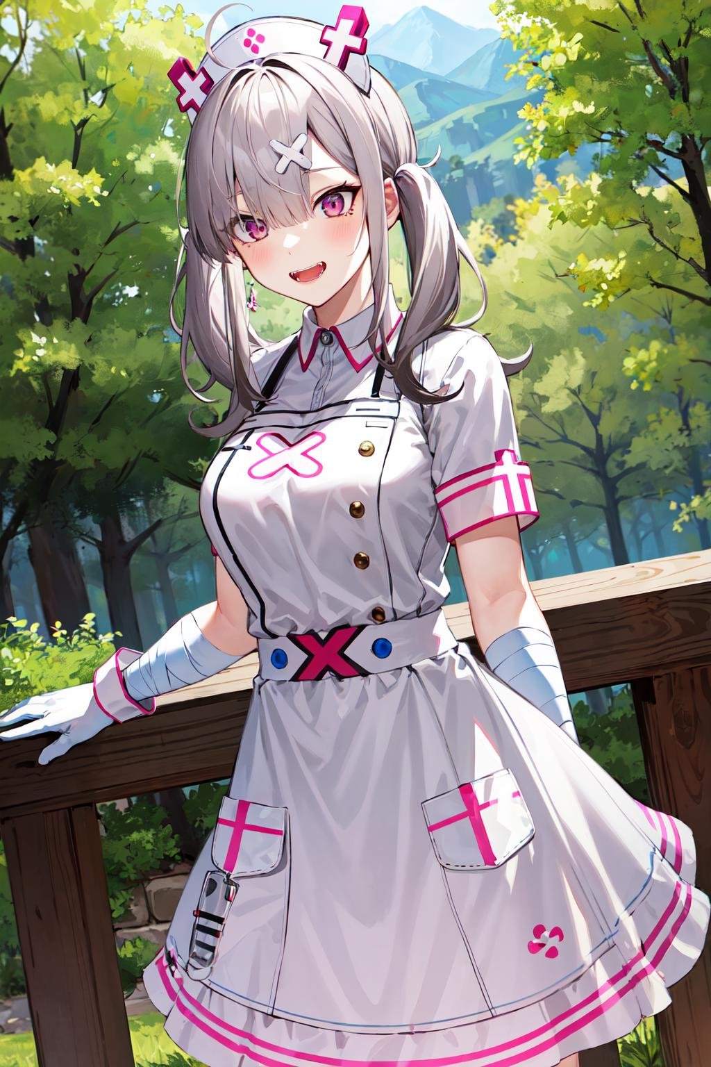 masterpiece, best quality, highres, sk1, white gloves, bandages, white apron, short sleeves, nurse, bandaged arm, wrist cuffs, white dress, fangs, <lora:sukoya_kana_v10:0.7>, cowboy shot, standing, outdoors