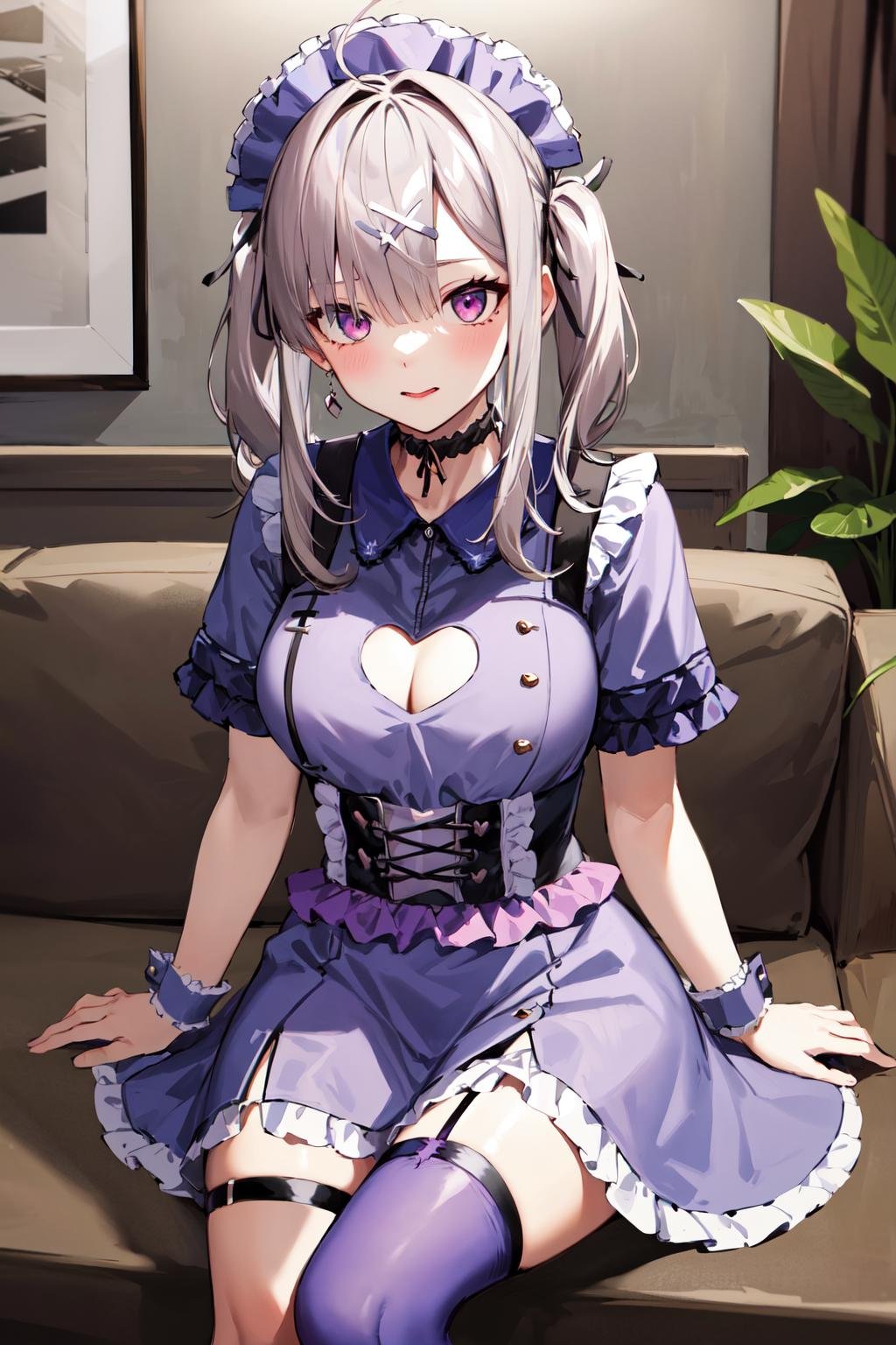 masterpiece, best quality, highres, sk4, frills, asymmetrical legwear, heart cutout, wrist cuffs, cleavage cutout, single thighhigh, purple dress, short sleeves, choker, <lora:sukoya_kana_v10:0.7>, cowboy shot, indoors, sitting,