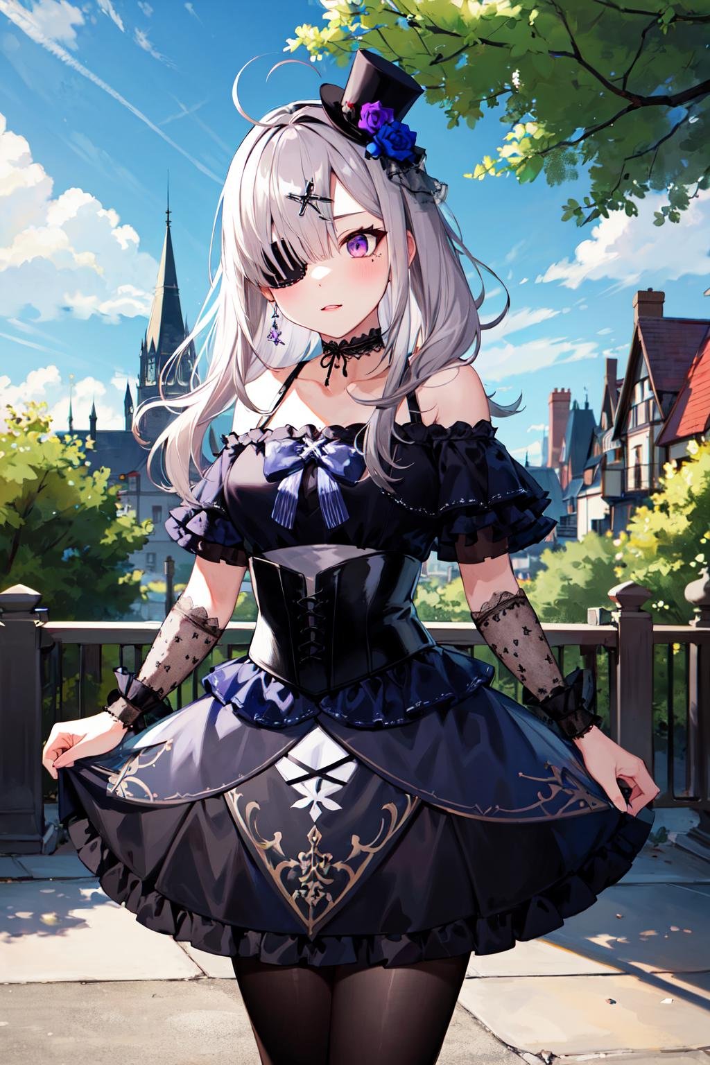 masterpiece, best quality, highres, sk3, eyepatch, purple eyes, gothic, mini hat, black dress, striped pantyhose, choker, off-shoulder dress, corset, blue bow, jewelry, <lora:sukoya_kana_v10:0.7>, cowboy shot, standing, outdoors