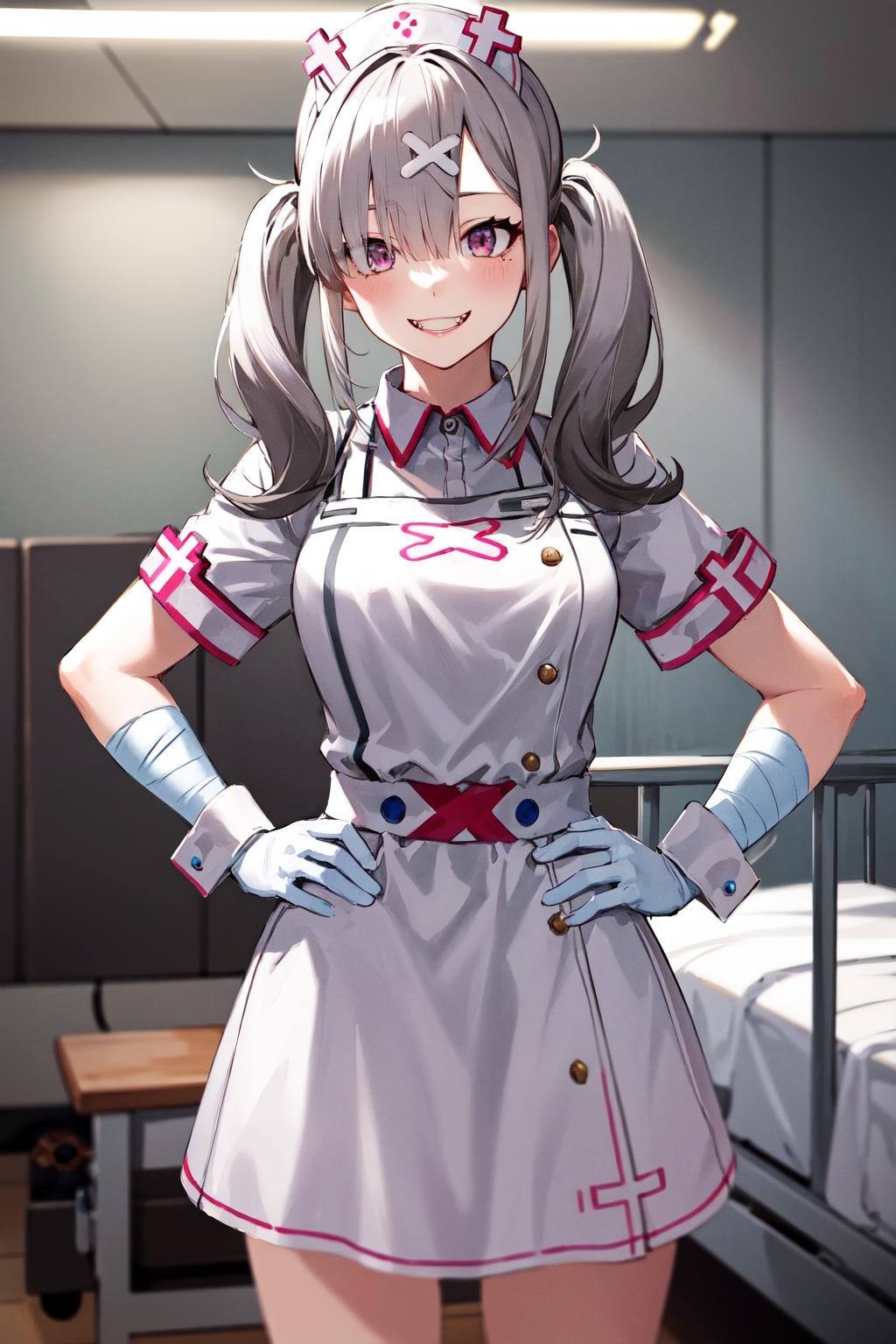 masterpiece, best quality, highres, sk1, white gloves, bandages, white apron, short sleeves, nurse, bandaged arm, wrist cuffs, white dress, fangs, <lora:sukoya_kana_v10:0.7>, cowboy shot, standing, hospital bed, smile, hand on hip, 