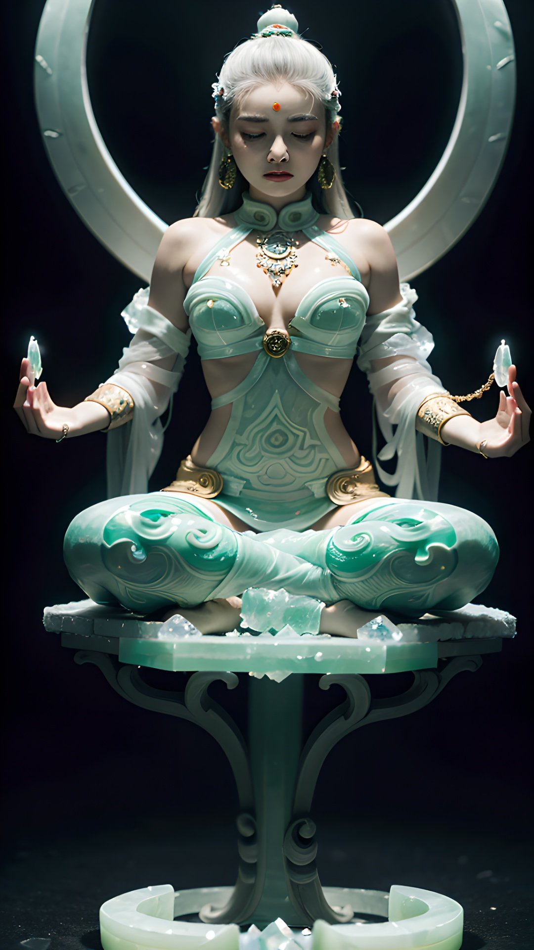 best qualtiy,Masterpiece,Photorealsitic,the detail,super detailing,rendering by octane,lightand shade contrast,Jade carving girl,Open eyes,Solo,full body,The whole body occupies half of the picture,((((Meditating)))),Hand pinching the law,(A body made of white jade:1.5),(((Crystal clear body))),((((Transparent material)))),Extremely perfect material properties,Material reflection,Perfect facial features,Elaborately carved face,Behind it is a huge phantom