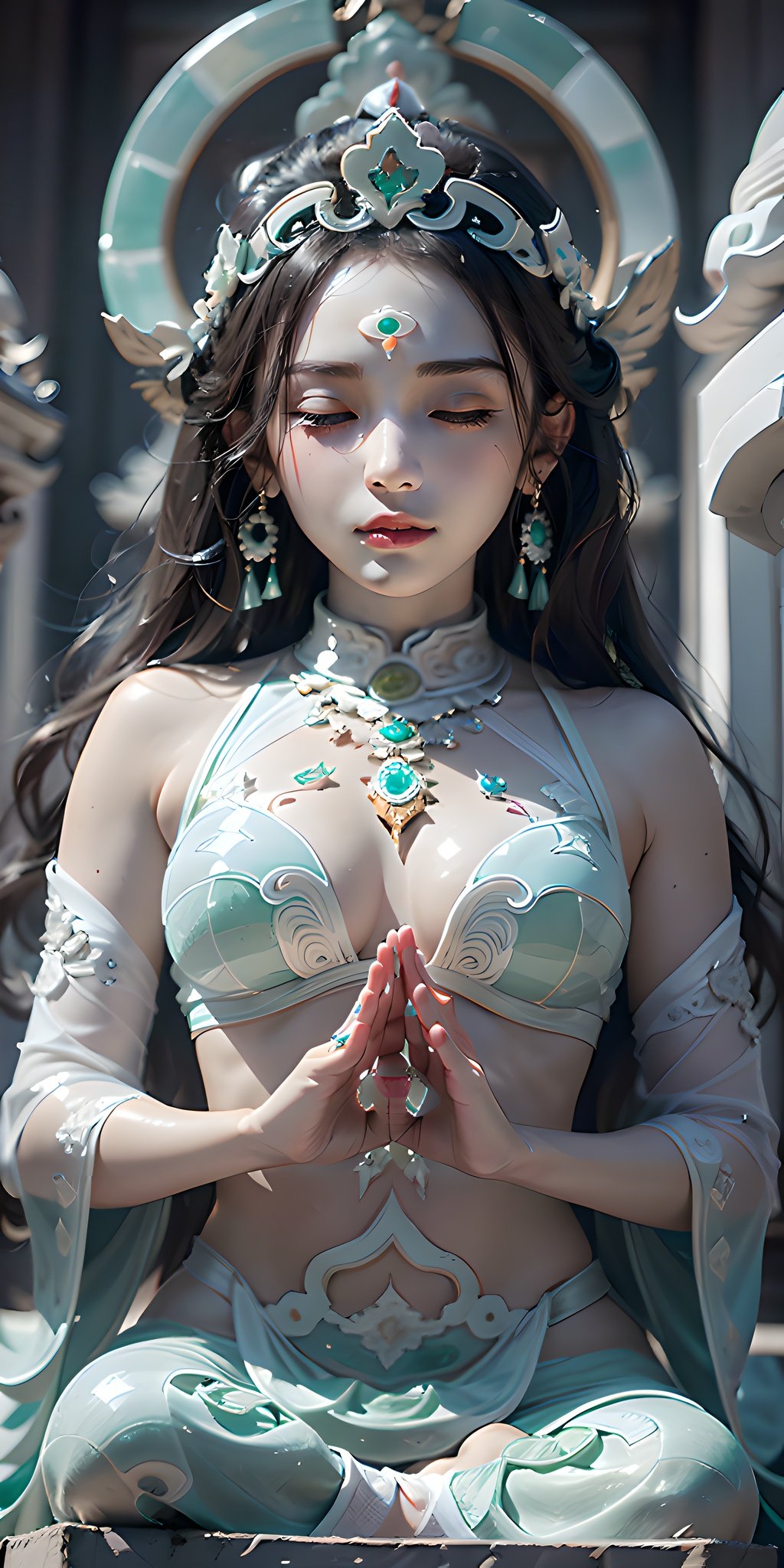 best qualtiy,Masterpiece,Photorealsitic,the detail,super detailing,rendering by octane,lightand shade contrast,Jade carving girl,Open eyes,Solo,full body,The whole body occupies half of the picture,((((Meditating)))),Hand pinching the law,(A body made of white jade:1.5),(((Crystal clear body))),((((Transparent material)))),Extremely perfect material properties,Material reflection,Perfect facial features,Elaborately carved face,Behind it is a huge phantom