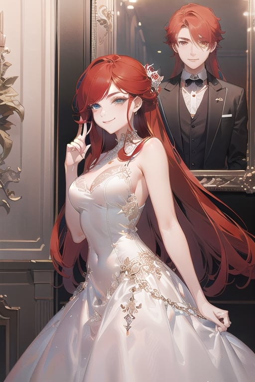 masterpiece, {best quality},beautiful detailed eyes, finely detailed, {red hair},prom dress,smirk,kawacy,mature_female,illustration,line art
