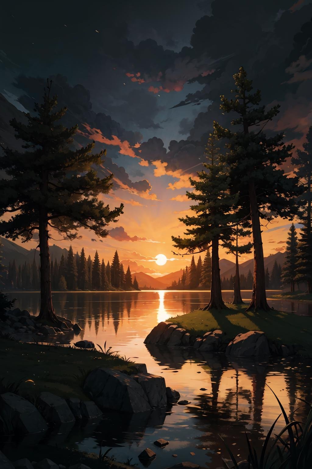 (highres,absurdres,incredibly absurdres,huge filesize,Volumetric Lighting,moody lighting),Forest, lake, evening, sun,