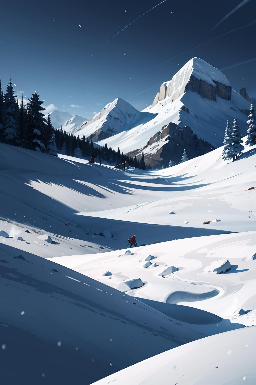 (highres,absurdres,incredibly absurdres,huge filesize,Volumetric Lighting,moody lighting),mountain, snow, skying, sports, sunny, landscape,