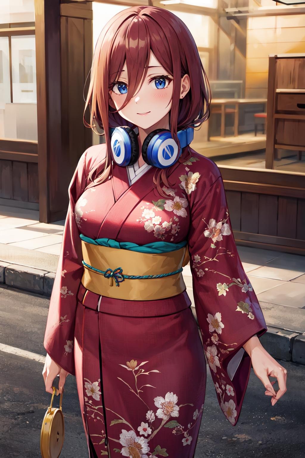 masterpiece, best quality, highres, nm1, headphones around neck, kimono, <lora:nakano_miku_v10:0.7>, cowboy shot, standing,