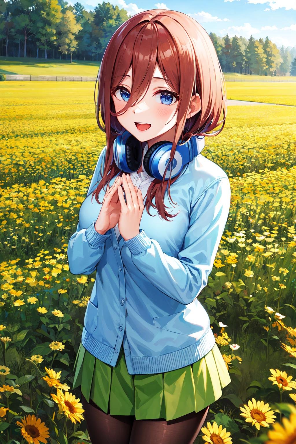 masterpiece, best quality, highres, nm1, headphones around neck, school uniform, long sleeves, blue cardigan, green skirt, pantyhose, <lora:nakano_miku_v10:0.7>, cowboy shot, smile, open mouth, own hands together, field