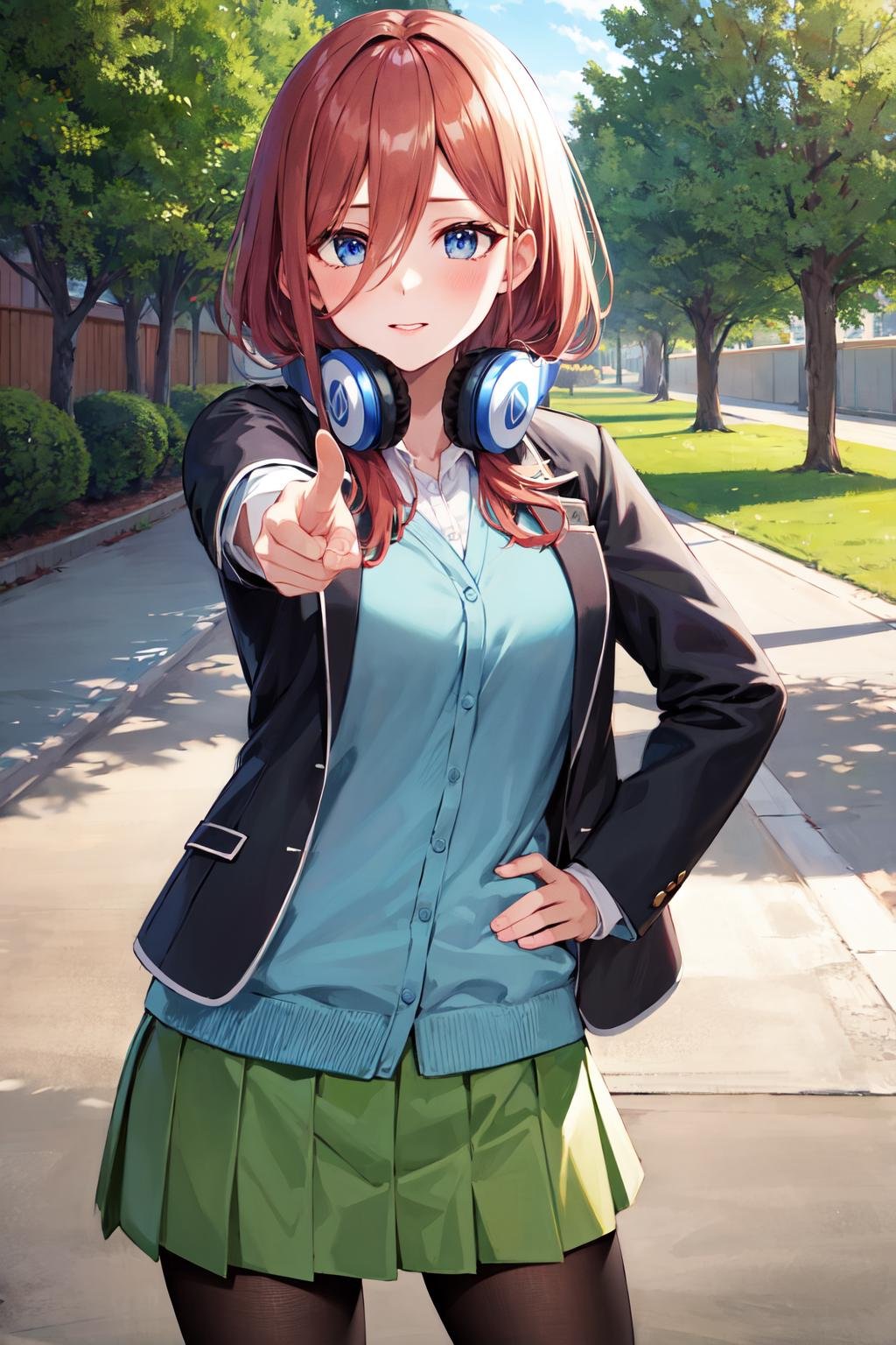 masterpiece, best quality, highres, nm1, headphones around neck, school uniform, long sleeves, blue cardigan, green skirt, pantyhose, black jacket, open jacket, <lora:nakano_miku_v10:0.7>, cowboy shot, pointing at viewer, hand on hip, outdoors, 