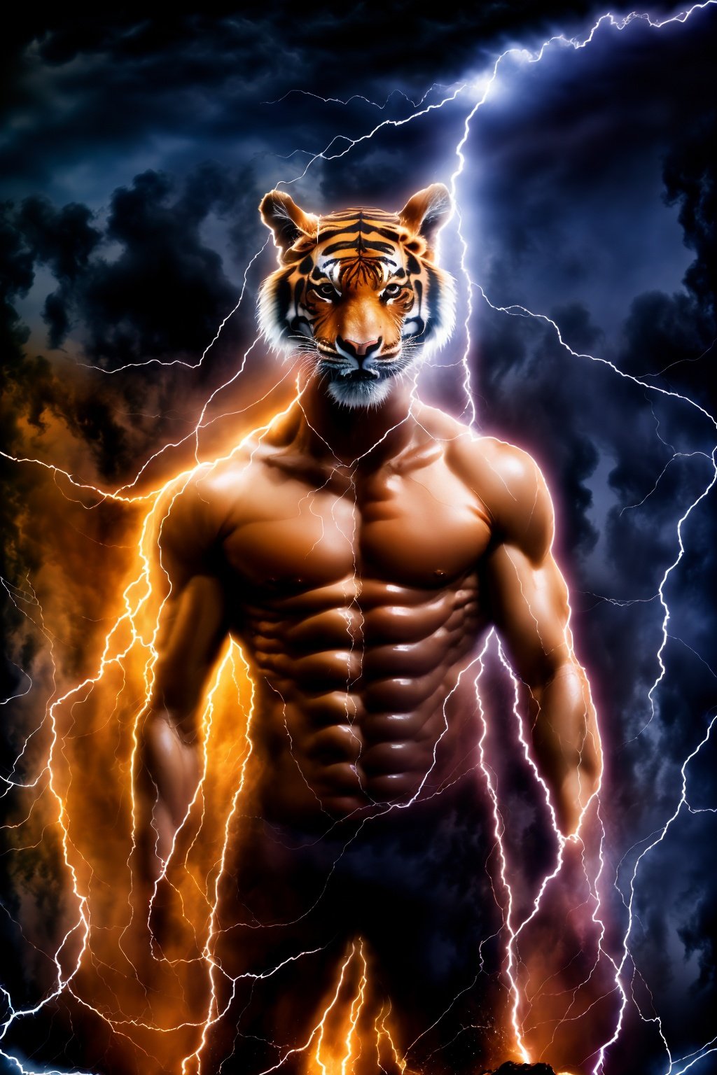 A tiger formed by lightning dances in the blanket, Turning my head to look at the camera,intricate details, explosion, chaos, lightning, debris, 8k, hyper detailed, magical and epic, epic light, concept and film art, t-shirt design, the most perfect and beautiful image ever created. Image taken with the Sony A7SIII camera. 8k photo cinematic, cinematic, photo, typography,Splash