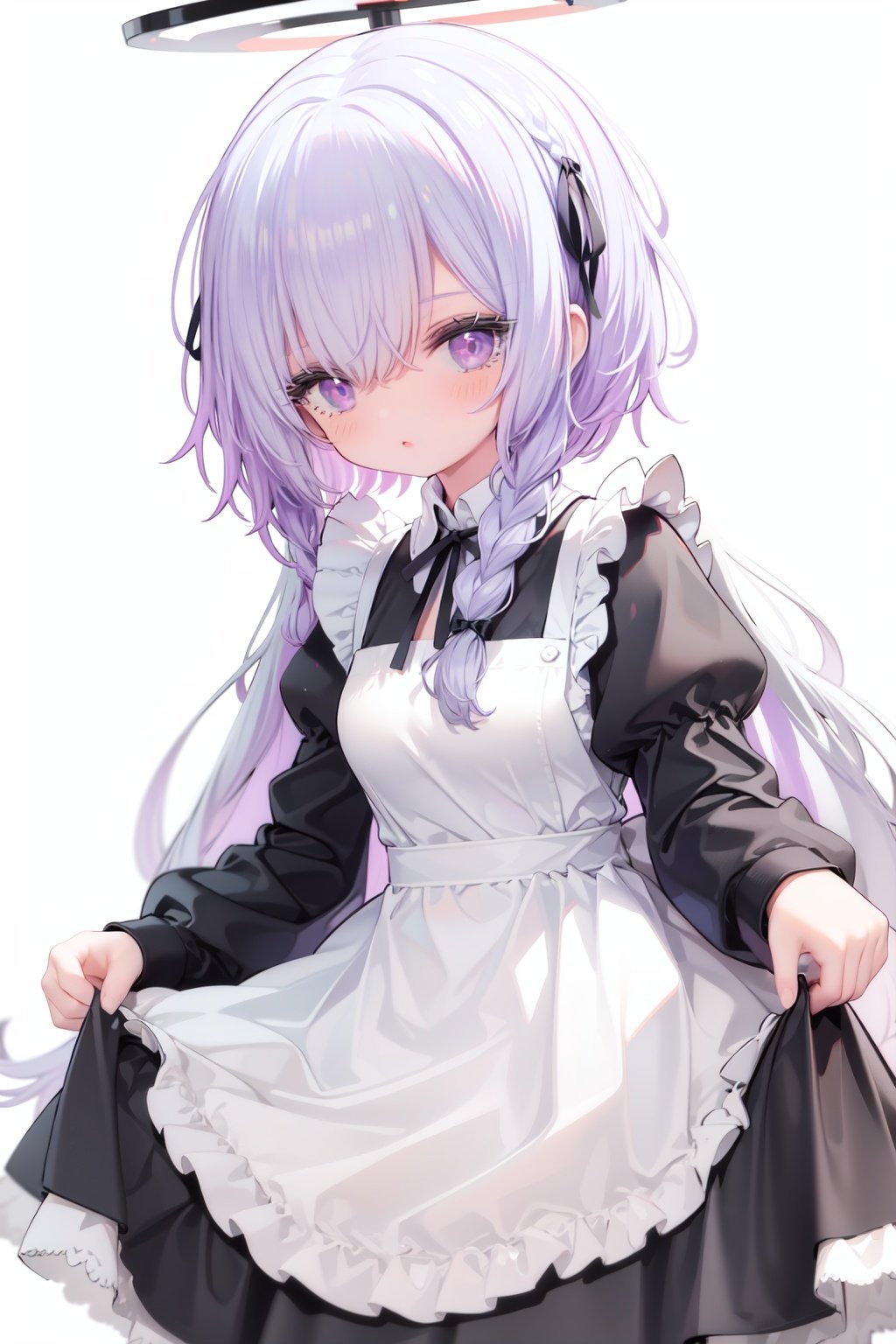 1girl,  solo,  apron,  long hair,  hair over one eye,  white background,  frills,  braid,  halo,  long sleeves,  dress,  simple background,  white hair,  white apron,  puffy sleeves,  very long hair,  frilled apron,  maid,  purple eyes,  ribbon,  parted lips,  maid apron,  bangs,  juliet sleeves,  black dress,  neck ribbon,  looking at viewer,  single braid,  blush