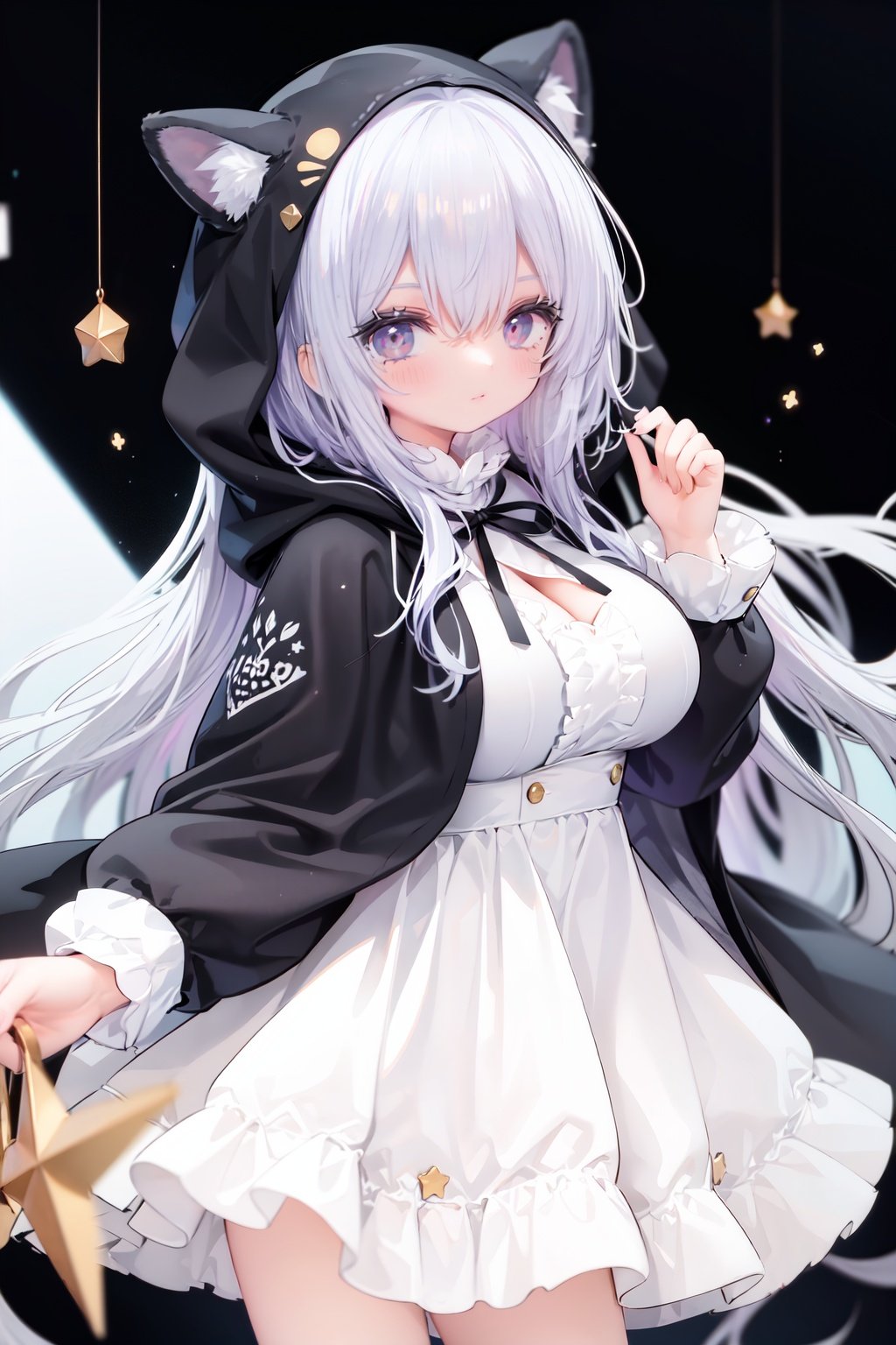 masterpiece, ((best quality)),  dynamic angle, chromatic aberration, ((colorful)),1girl, solo, hood, animal hood, breasts, frills, smile, hood up, yellow eyes, capelet, hair between eyes, blush, dress, long sleeves, looking at viewer, animal ears, large breasts, black ribbon, bangs, puffy long sleeves, :d, frilled dress, hand up, open mouth, white dress, puffy sleeves, hooded capelet, virtual *******r, frilled capelet, fang, white capelet, star (symbol)