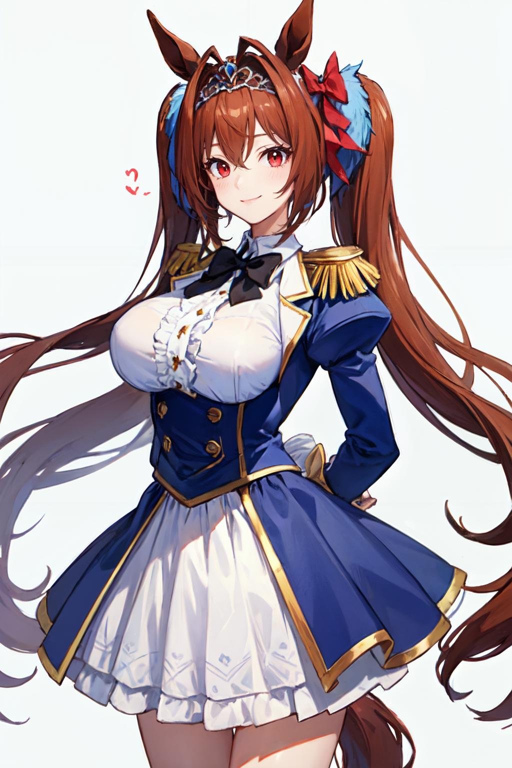 <lora:daiwa scarlet by goofy ai:1> daiwa scarlet, brown hair, white background, tail, black bowtie, frills, long sleeves, animal ears, hair intakes, tiara, puffy sleeves, very long hair, 1girl, black bow, twintails, solo, looking at viewer, large breasts, underbust, horse tail, bow, horse girl, red eyes, epaulettes, horse ears, framed breasts, simple background, skirt, juliet sleeves , arms behind back ,smile