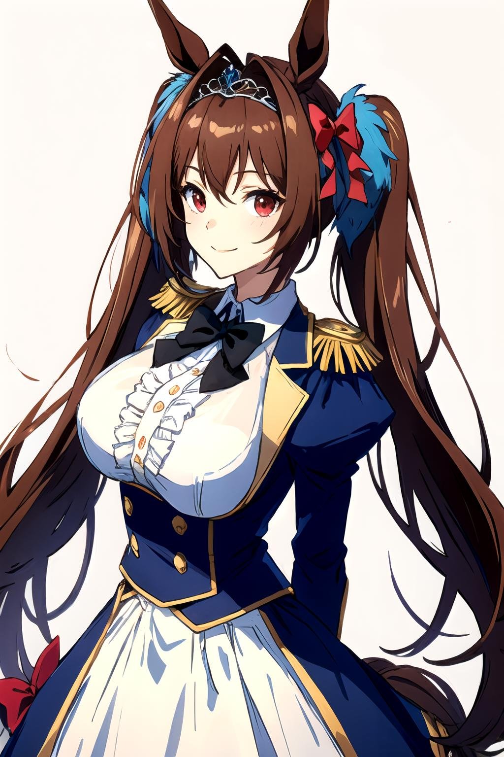 <lora:daiwa_scarlet:1> daiwa scarlet, brown hair, white background, tail, black bowtie, frills, long sleeves, animal ears, hair intakes, tiara, puffy sleeves,  very long hair,  1girl, black bow,  twintails, solo, looking at viewer, large breasts, underbust, horse tail, bow, horse girl, red eyes, epaulettes, horse ears, framed breasts, simple background, skirt, juliet sleeves , arms behind back ,smile