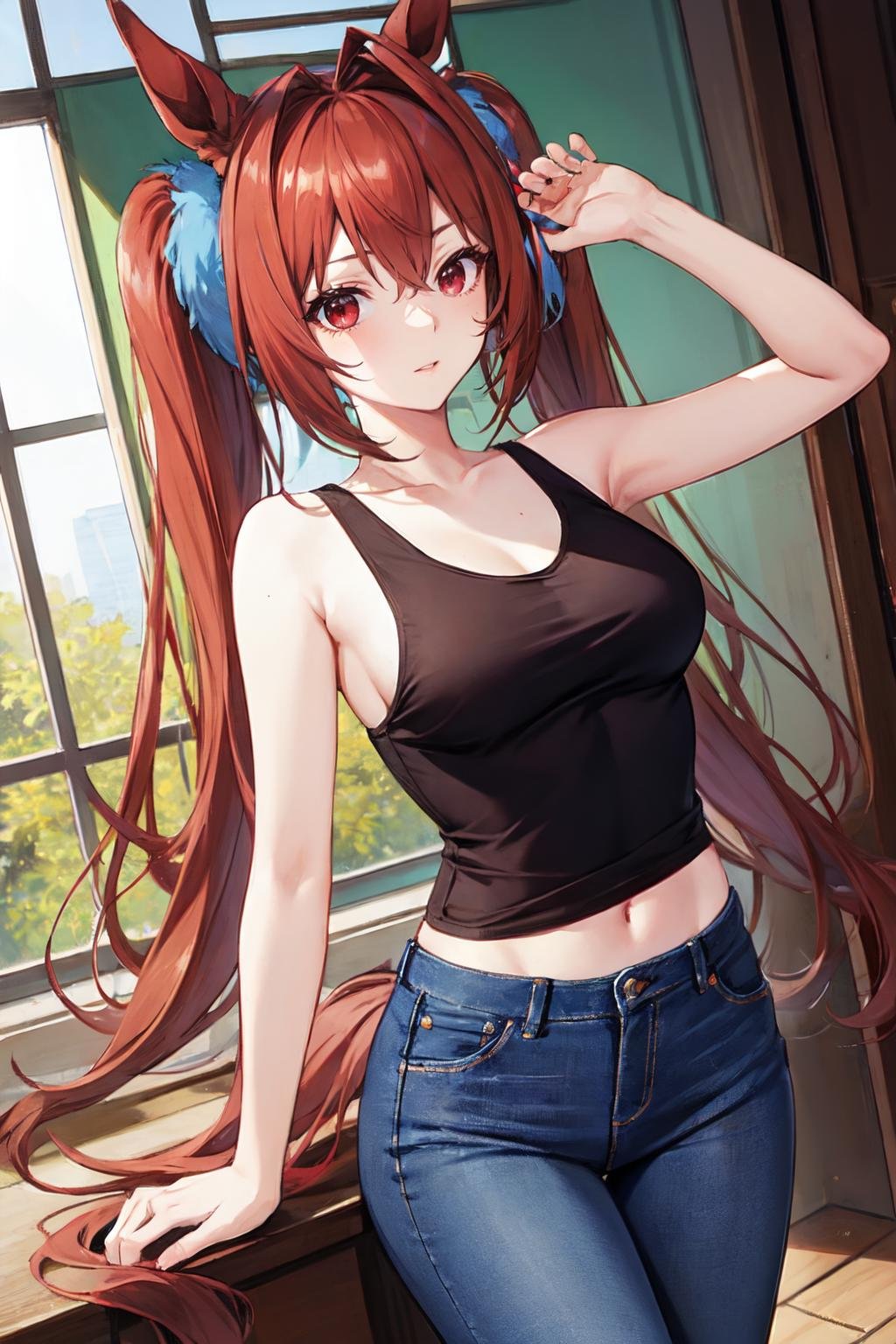 <lora:daiwa_scarlet:1>daiwa scarlet, brown hair, hair intake, red eyes, long hair, twintails, animal ears, horse girl, tank top, jeans