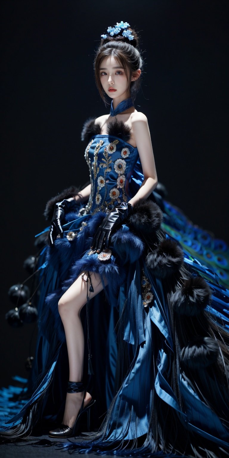 Peacock, 1 girl, solo, dress, gloves, feather dress, look at the audience, hair accessories, elbow gloves, Blue Eyes, cowboy shoot, standing, Hair Bun, bare shoulders, dress, hair bun, black gloves, flowers, Bangs, gray hair, shut up, black background, simple background,1 girl,yuzu,xinjiang,long_hair