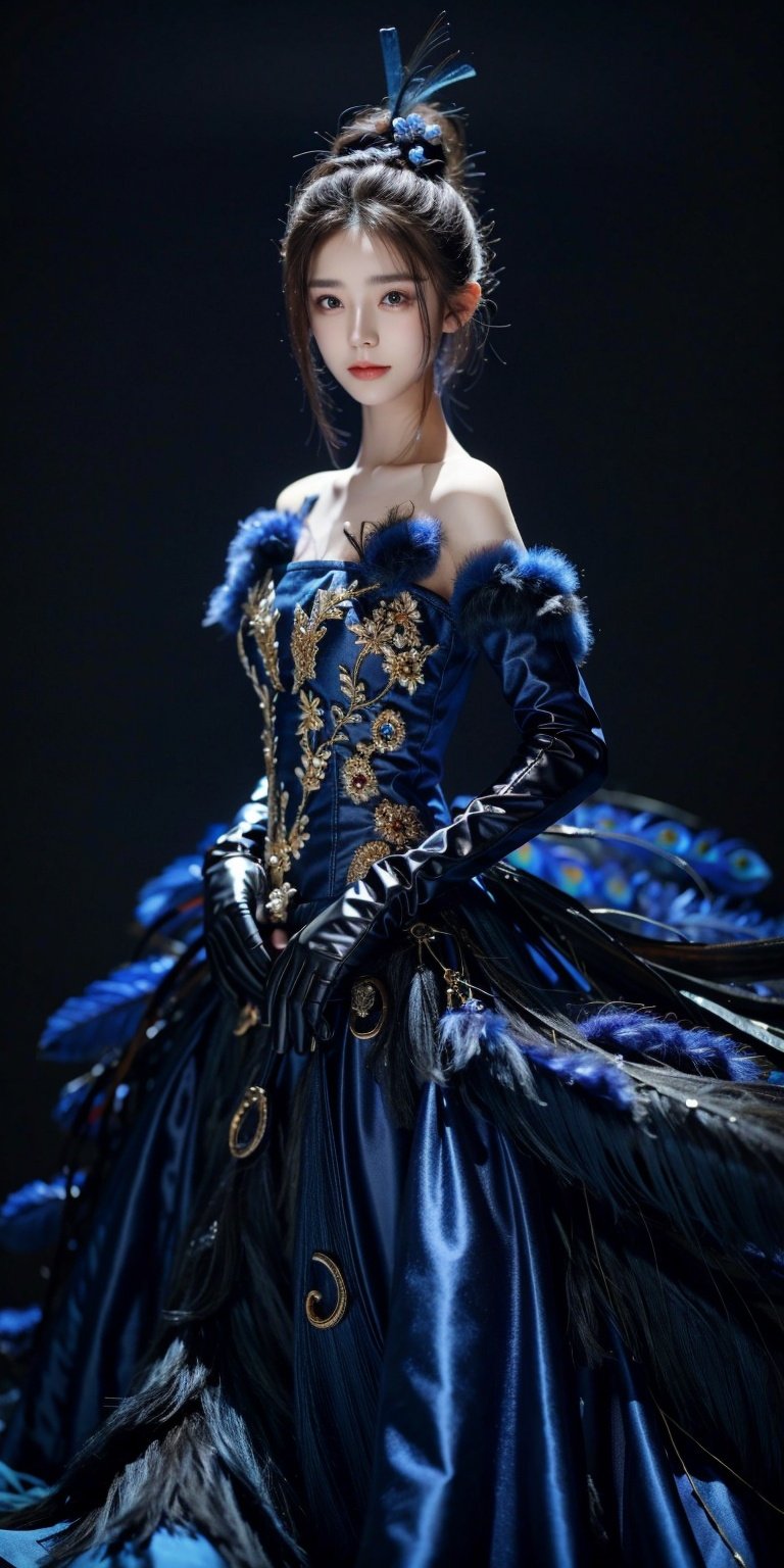 Peacock, 1 girl, solo, dress, gloves, feather dress, look at the audience, hair accessories, elbow gloves, Blue Eyes, cowboy shoot, standing, Hair Bun, bare shoulders, dress, hair bun, black gloves, flowers, Bangs, gray hair, shut up, black background, simple background,1 girl,yuzu,xinjiang,long_hair,looking_at_viewer, kind smile, pose for picture,  floating hair, 