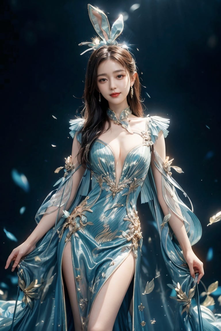 fullbody,1girl,(best quality), Nine-headed body,Flattering figure, Masterpiece, best quality, ultra detailed, fine details, ultra high resolution,real skin,white and blue,red lips,Very tight gelcoat,,long leg,Gold and silver, Bunny Girl dress, 
xiaowu,looking_at_viewer,kind smile